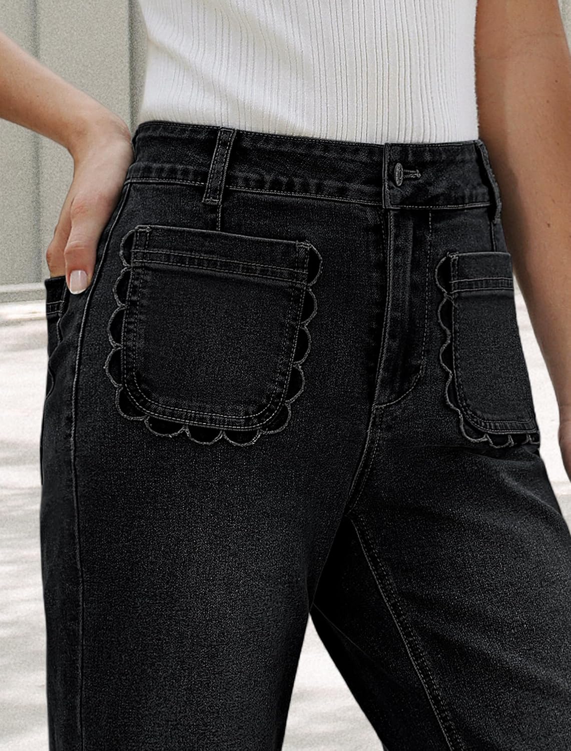 IWD Wide Leg Jeans for Women High Waisted Trendy Scallop Pocket Flare Jeans Stretchy Baggy Cropped Denim Pants - Image 6
