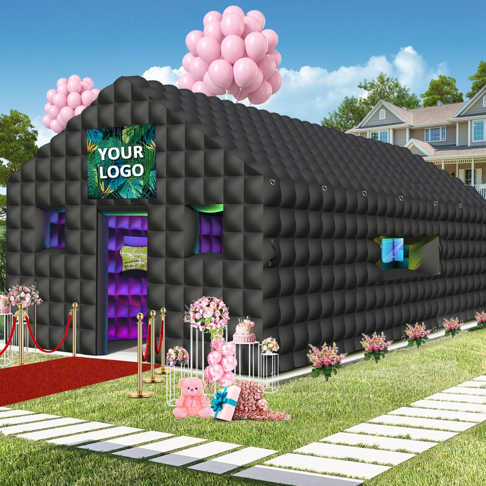 WUHUWOO Inflatable Nightclub 13x10x9 Ft, Black Inflatable Club Tent with 2 Doors and Logo Area, Inflatable Party Tent for Children Adults Birthday