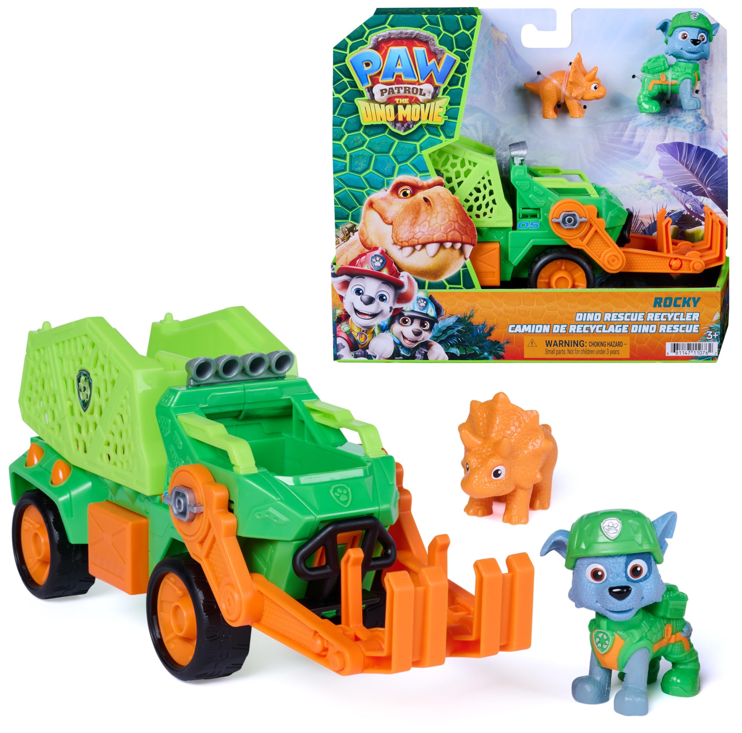Paw Patrol: The Dino Movie, Rocky Dino Rescue Recycler with Secret Compartment and Working Claw, 2 Action Figures and Vehicle, Kids Toys for Boys and Girls Ages 3+