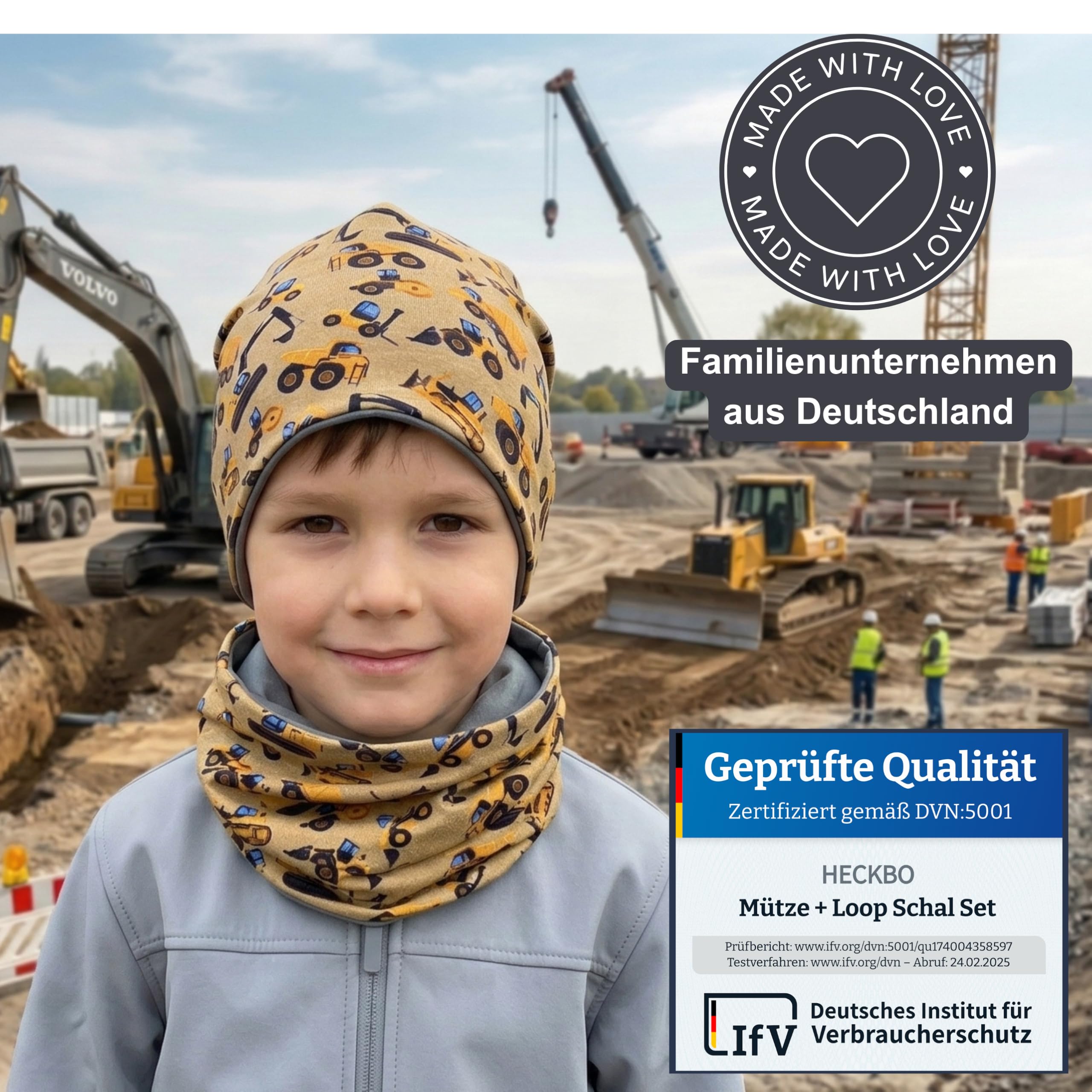 HECKBO Kinder Beanie & Loop Schal Set - mit Vlies oder Jersey - unisex Mädchen Jungen - 95% Baumwolle - Herbst Frühling Winter