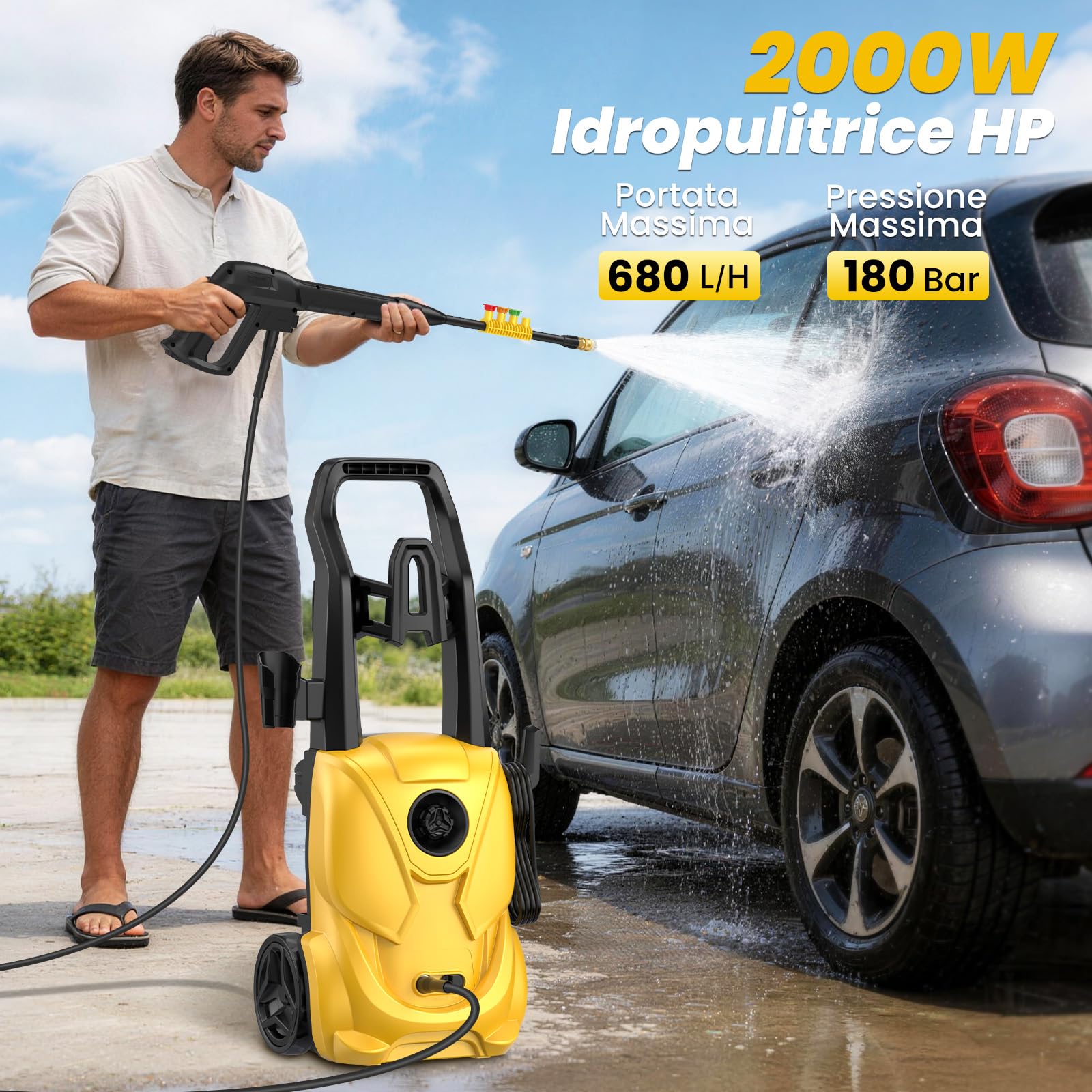 Idropulitrice Professionale, Assorbimento 2000 W, Portata 680 L/h, Pressione 180 Bar, Idropulitrice per Casa, Auto e Esterni Casa, Pompa in Alluminio, Tubo di Uscita da 5 M e Ugello Regolabile