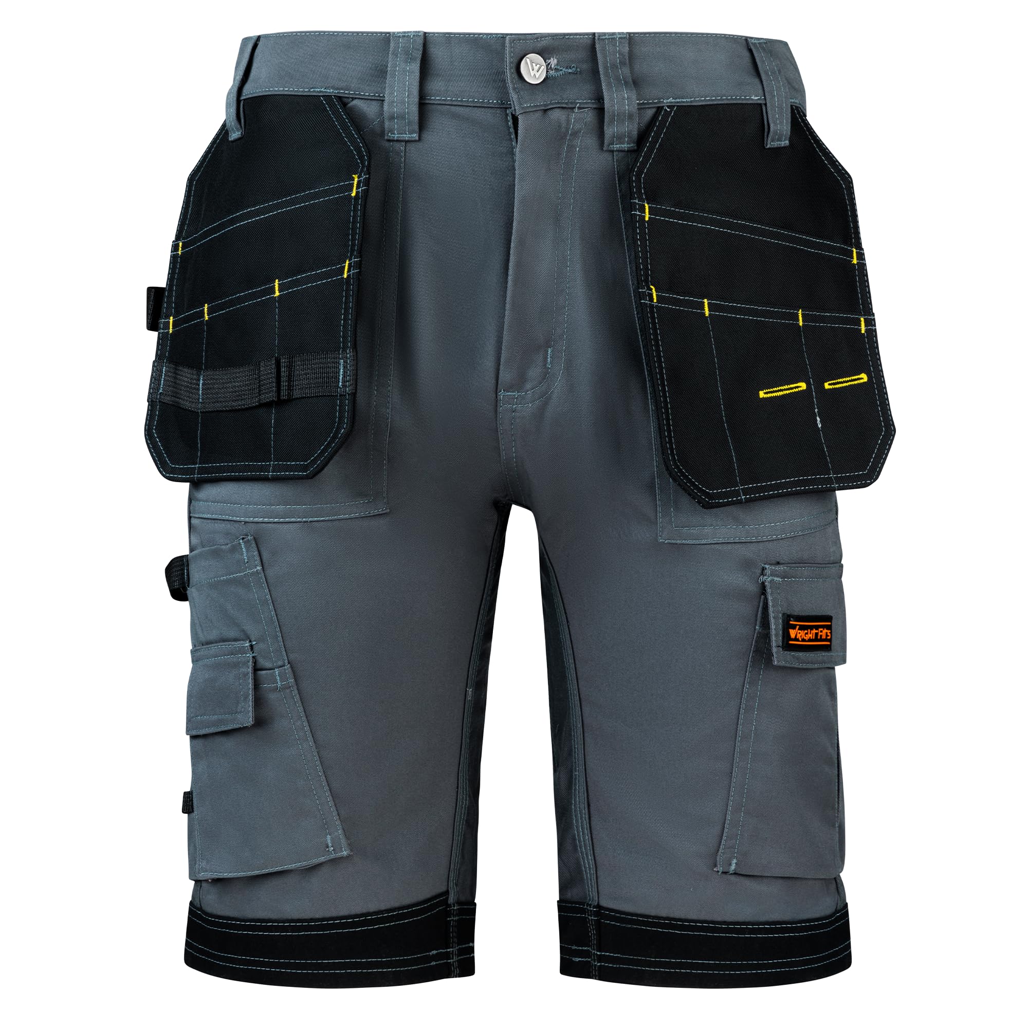 WrightFits Men Pro Builder Work Shorts - Grey - Heavy Duty Safety Combat Cargo Summer Shorts – Multi Holster Pockets - Triple Stitched Durable Workwear (42W)