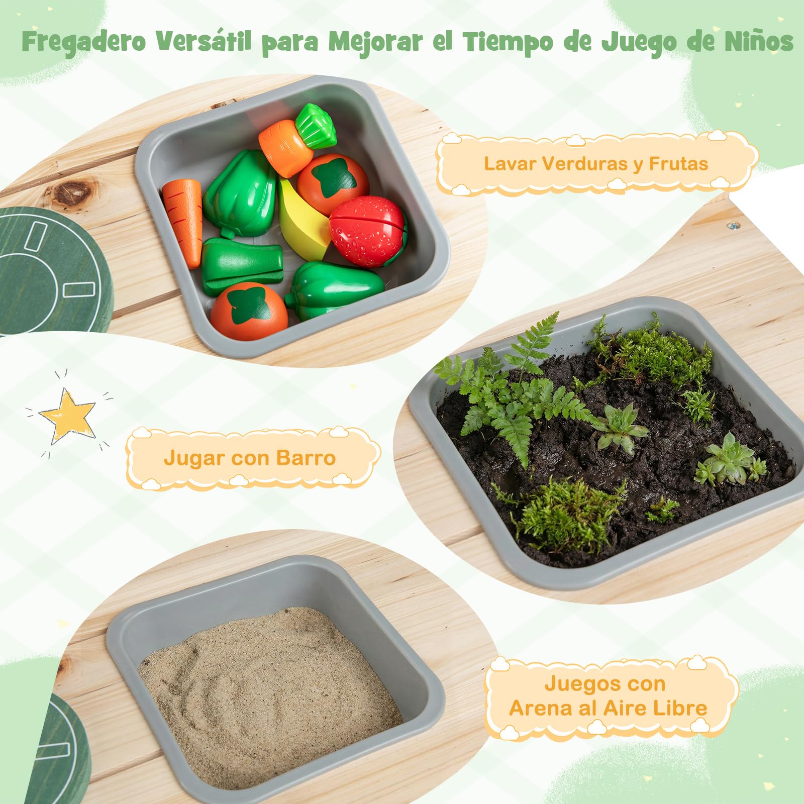 COSTWAY Cocina de Barro para Niños, Cocinita de Madera para Exterior con Fogones, Pomos Giratorios y Pizarra, Macetas, Estantes de Almacenaje, Cocinita Infantil de Barro para Niños de 3+ Años