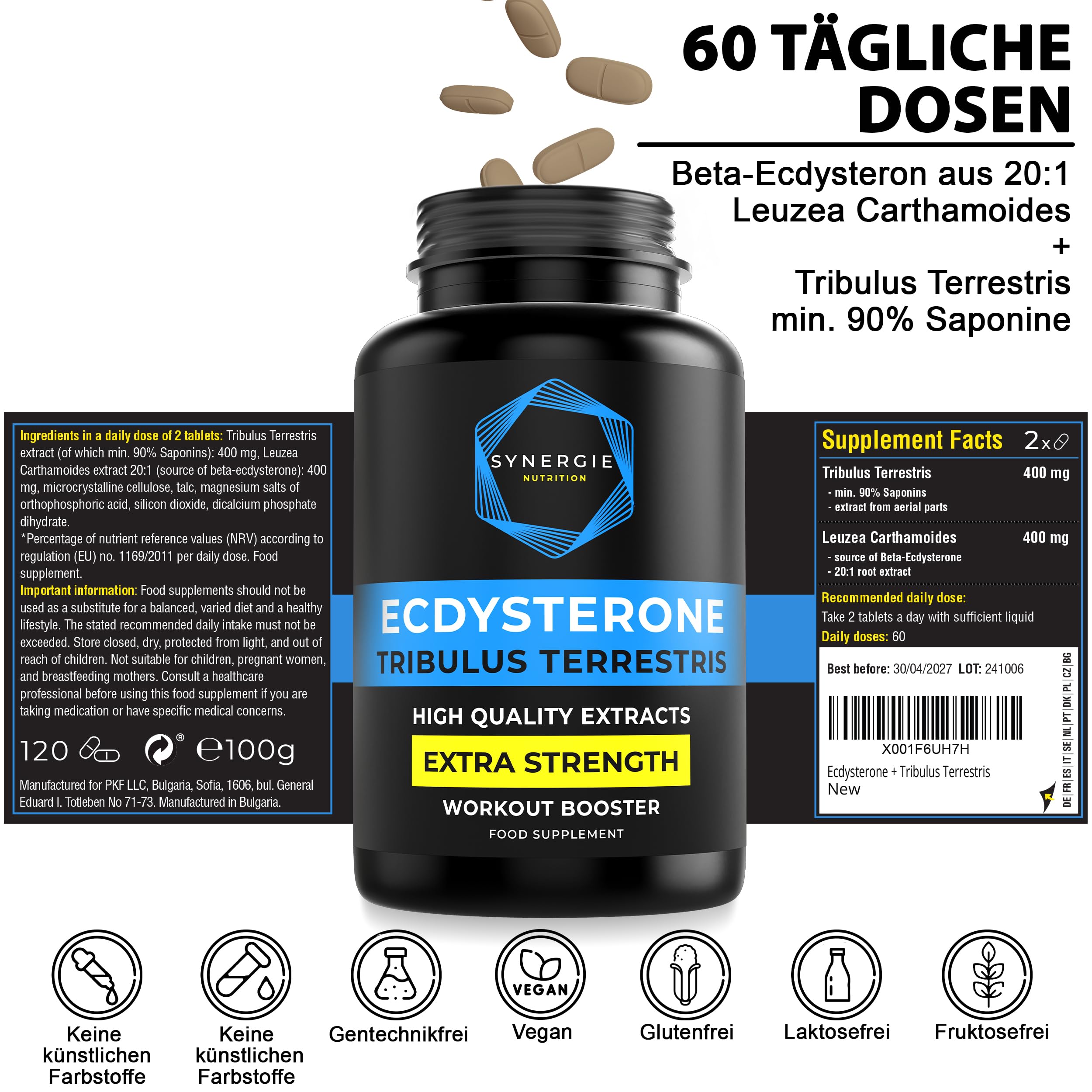 Ecdysteron aus Leuzea + Tribulus Terrestris Hochdosiert – 60 Tagesdosen – Extrakt 20:1 – 90% Saponinen – von Synergie Nutrition