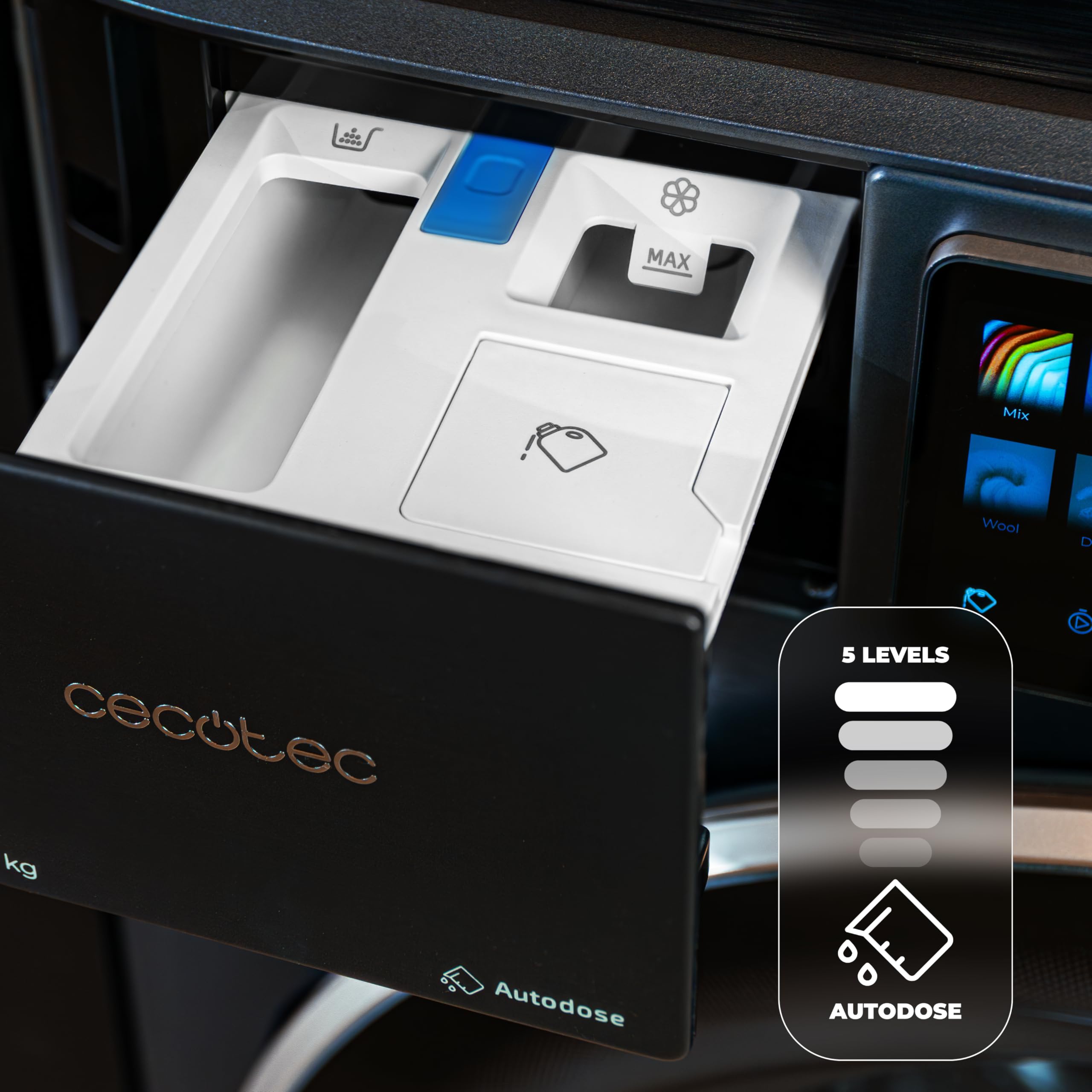 Cecotec Lavadora Carga Frontal 12Kg Bolero DressCode 12950 Autodose Direct Drive 3D Titanium. 1400RPM, 13 Programas, Motor Direct Drive, Diseño Core Matrix Screen 9,2" y Core Body, Func Inteligentes