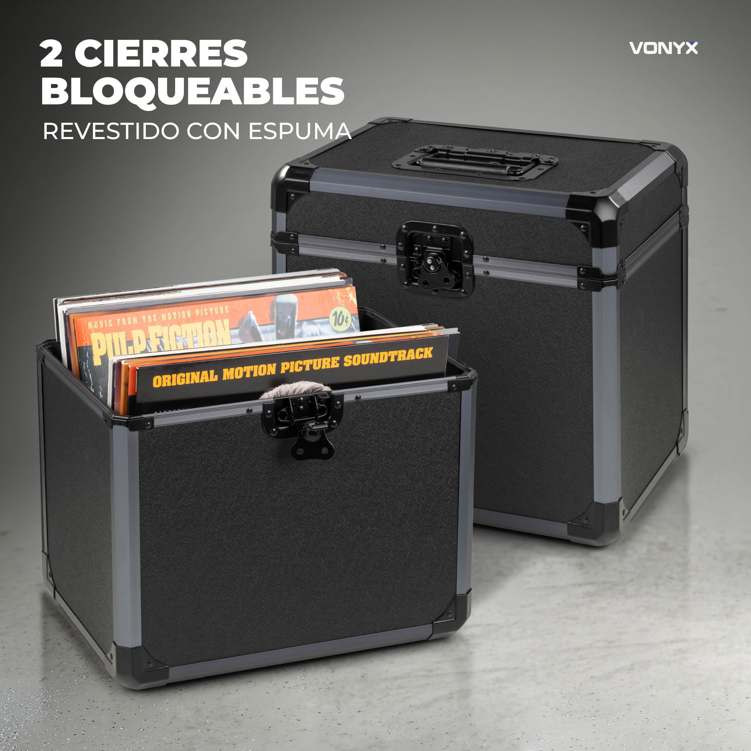 Vonyx RC82 Maleta para vinilos LP de 12 Pulgadas con Capacidad para 70 Discos de Vinilo, Interior Acolchado, Flight Case con Tapa extraíble, Cierres Mariposa, asa, Negra para DJ y Transporte
