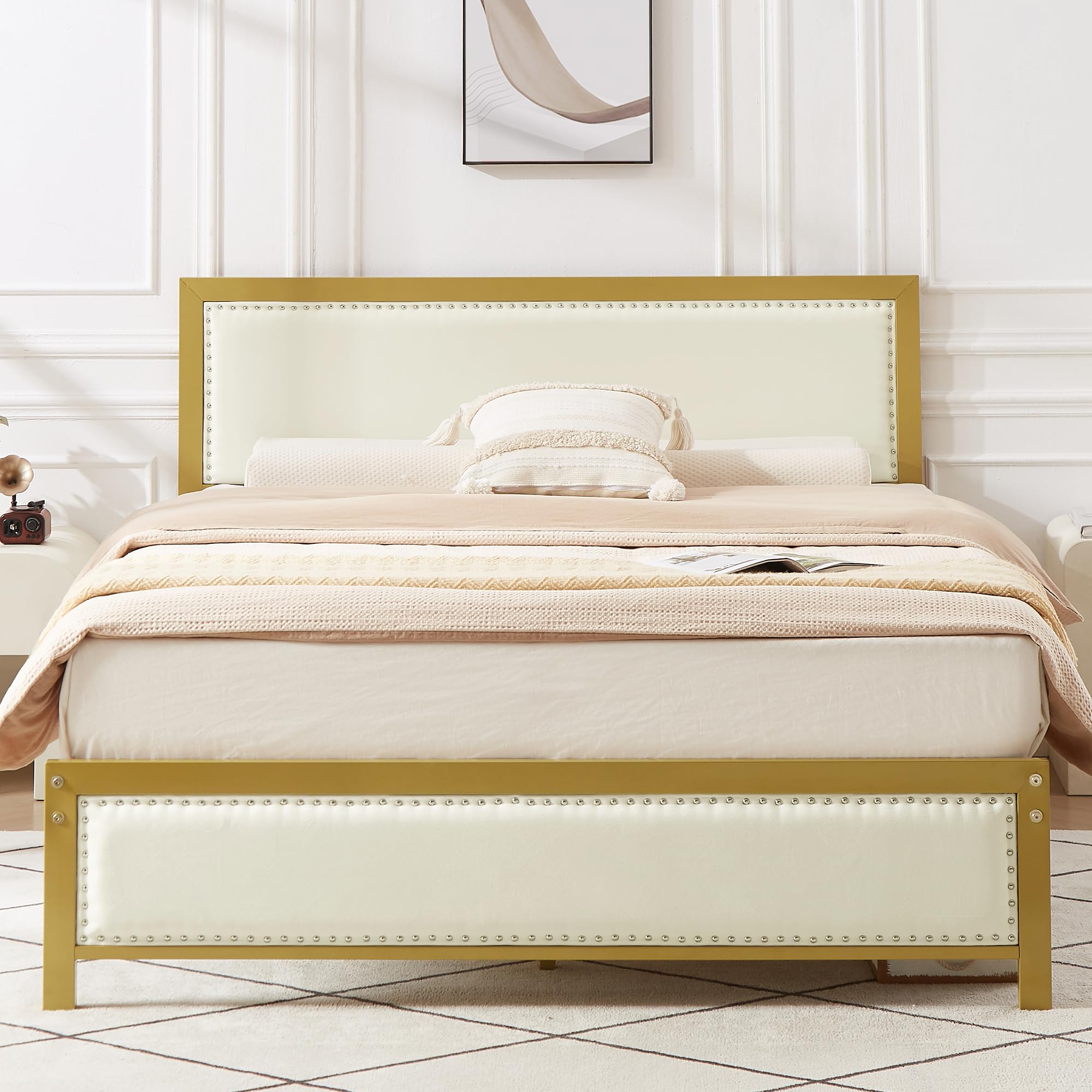 VECELO Full Size Bed Frame with Upholstered Headboard, Heavy-Duty Platform with Strong Metal Slats, No Box Spring Needed, Easy Assembly, Velvet & Beige