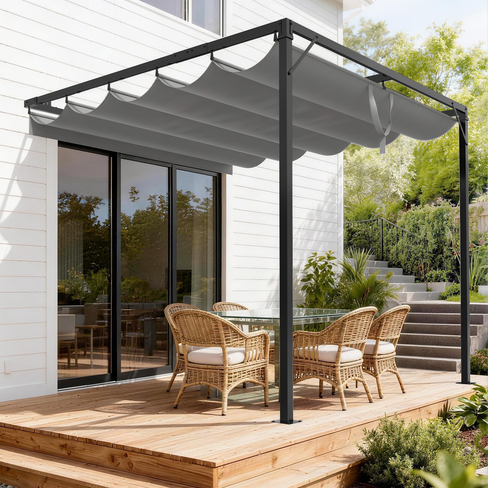 Gazebo, bigzzia Metal Pergola With Retractable Roof,Outdoor Parasol Features Water-Resistant And SPF 15 With PU Coated Canopy,Sun Shade For Garden Party Barbecue Event (Gray, 8FtX8Ft)