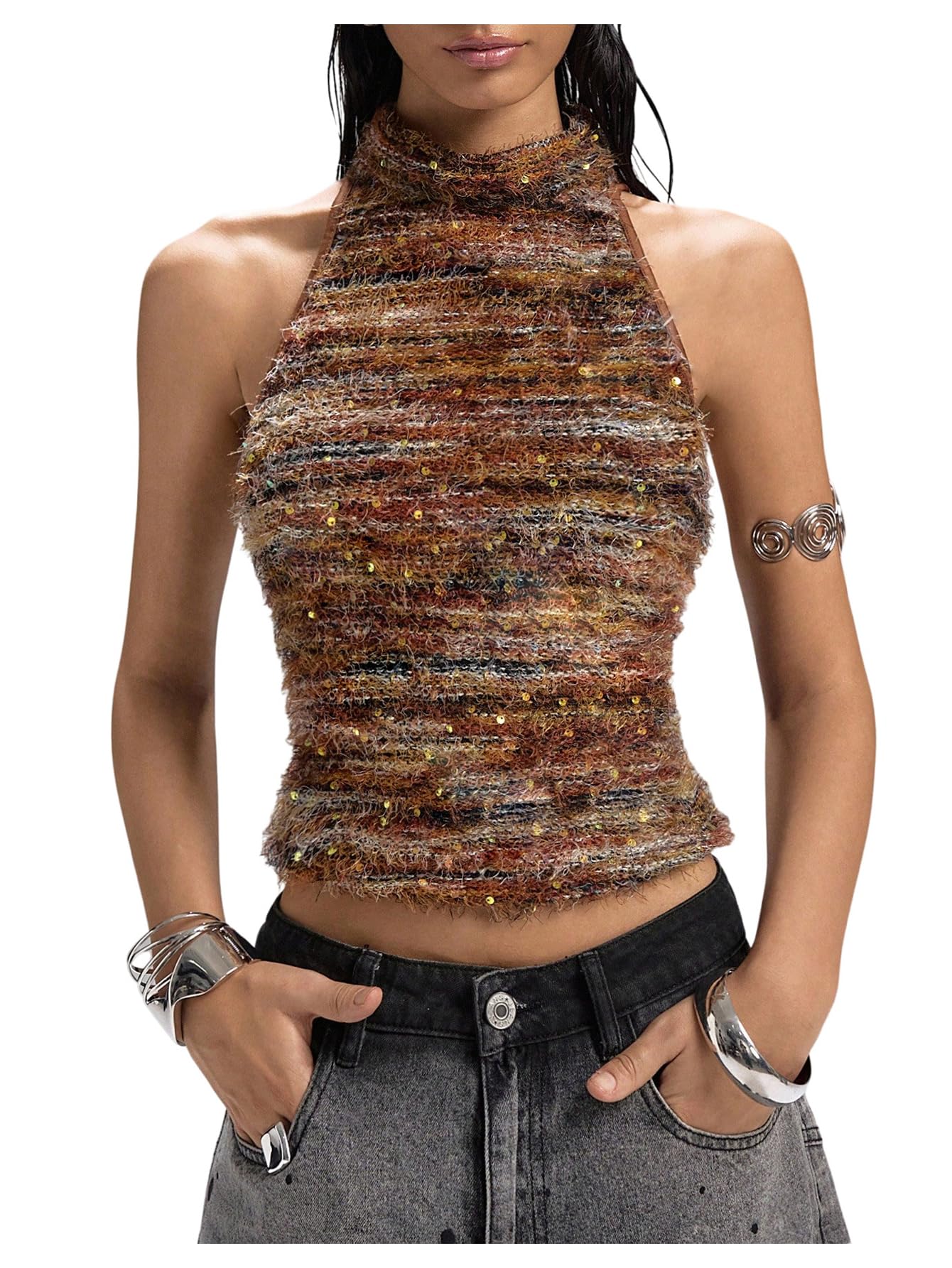 MakeMeChic Womens Striped Sequin Fuzzy Sweater Vest Halter Keyhole Back Fall Y2K Knit Tops