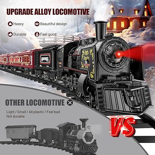 Miniatura 4 de Hot Bee Juego de tren  Modelo de juguetes de tren con vagones de pasajeros brillantes, locomotora de vapor y pistas, trenes eléctricos de metal con