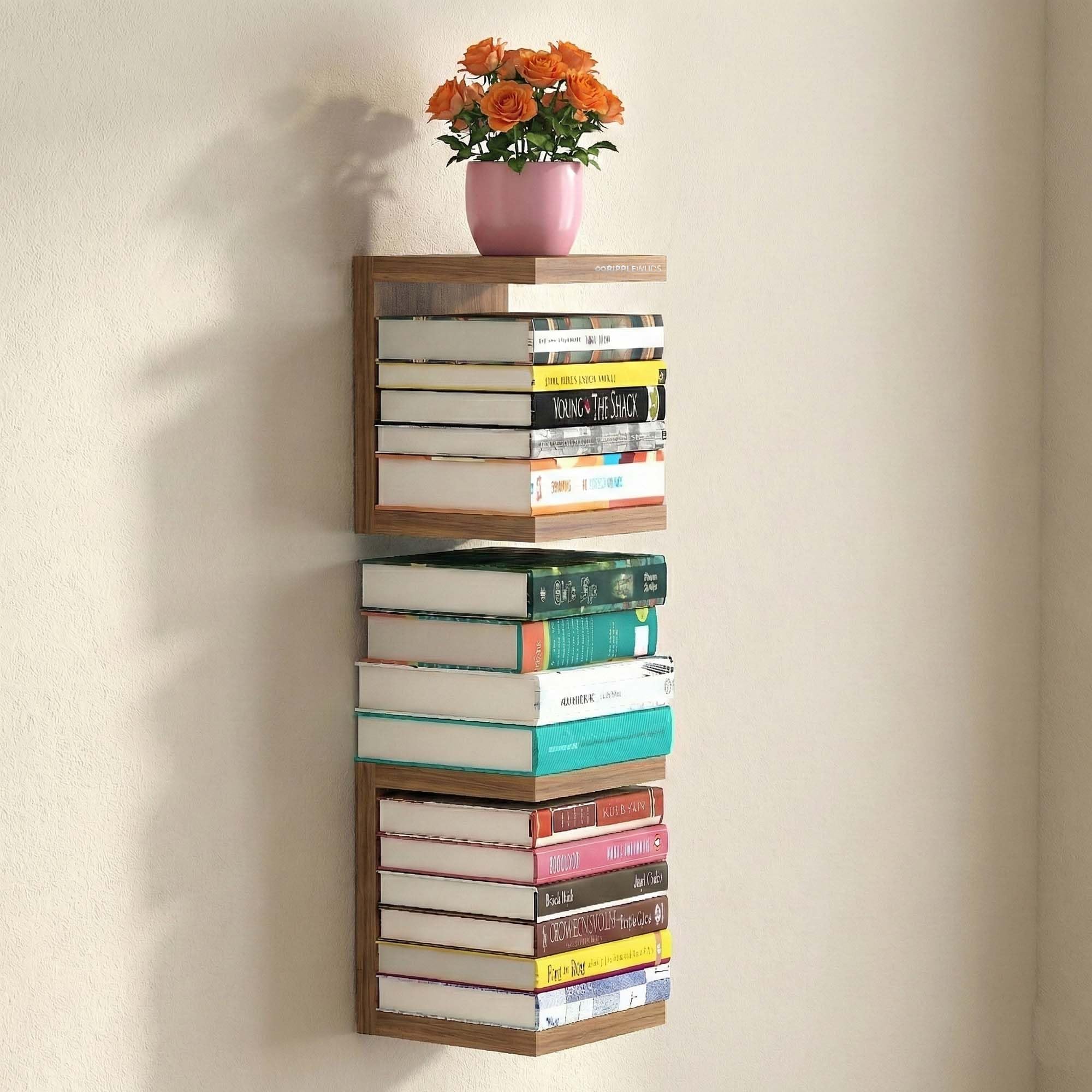 Wooden Book Rack Set of 2 | Wall Mounted | Display Unit | Zigzag Corner Storage | DIY Organizer | Study Bedroom Office Use | Walnut Finish | Size 18.5x15x15cm-image-6