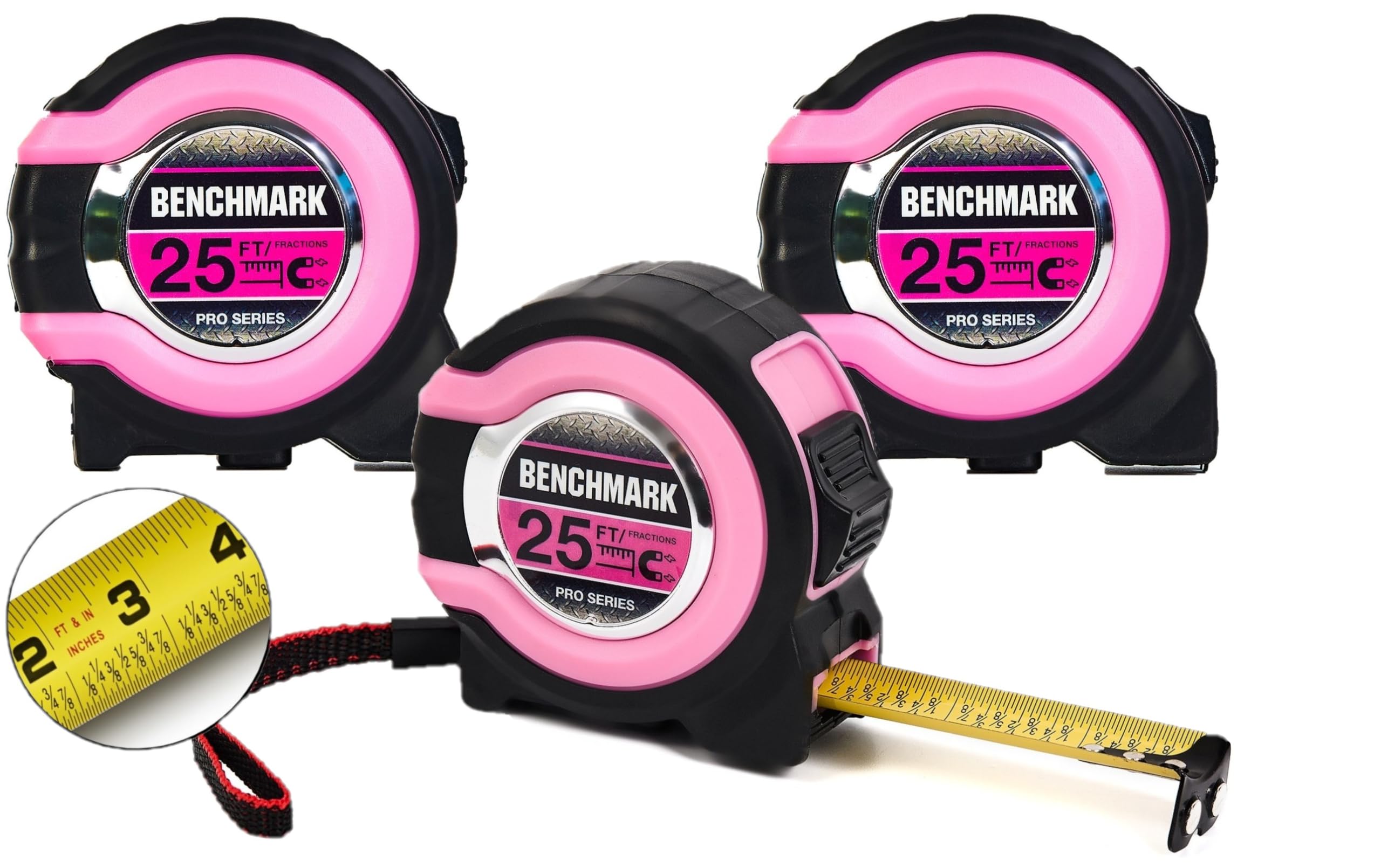 Benchmark - Pink - 3 Pack - 25 ft Tape Measures - Easy to Read Fractions to 1/8th inch - Magnetic Tip - Thumb and Quick Lock - Autowind - Belt Clip