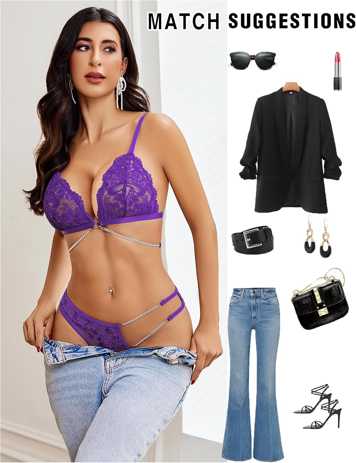 Avidlove Sexy Lingerie Set Women’s 2 Piece Lace Lingerie Set with Chain Detail Deep V Neck Bralette and Panty Set - Image 3