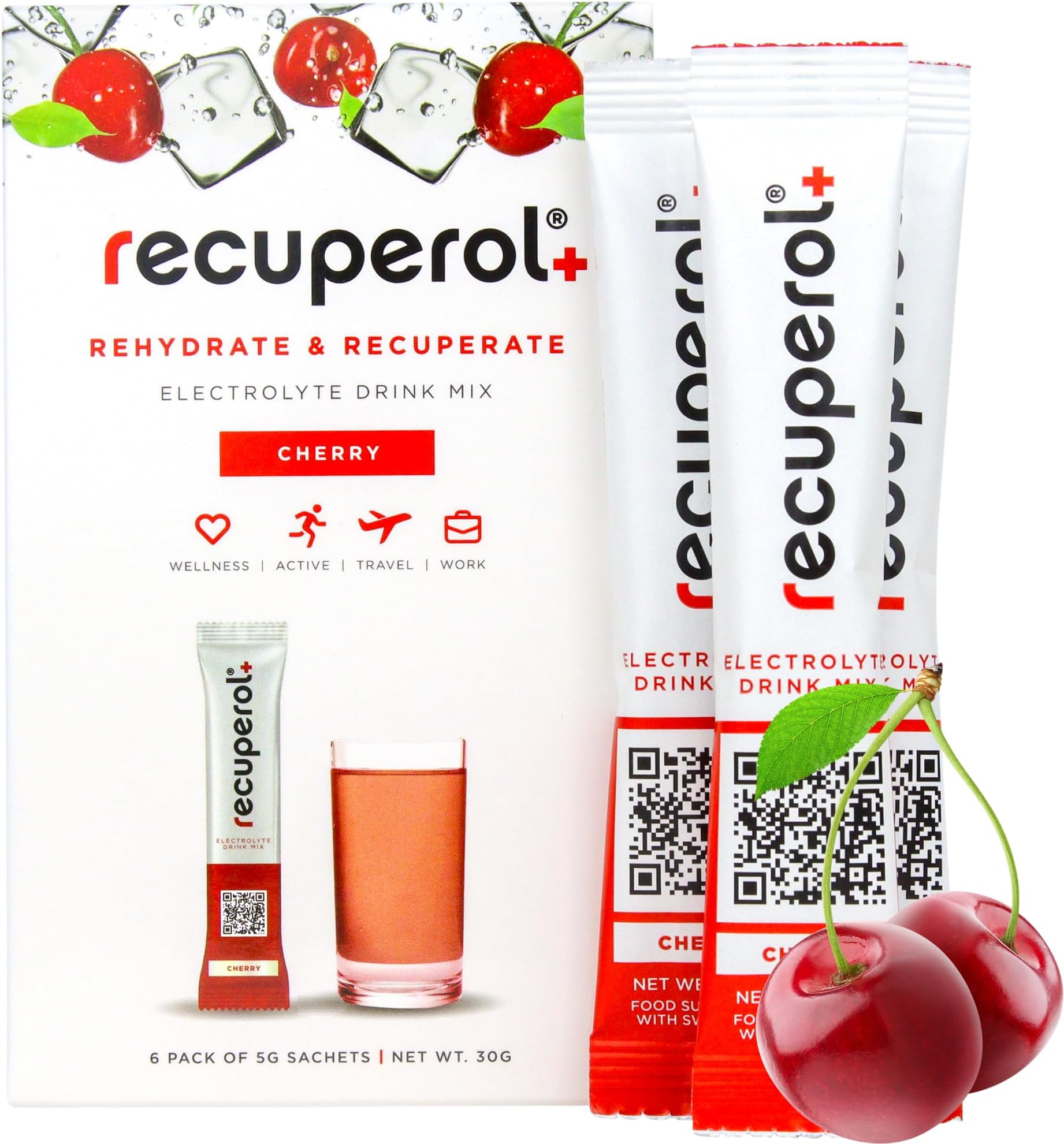 Electrolytes Sachets - Rehydration Electrolytes Powder with Zinc, Vitamin C, B12, D3 & Potassium for Hydration - Sugar Free, Vegan & Low Calorie - Cherry 6 Pack