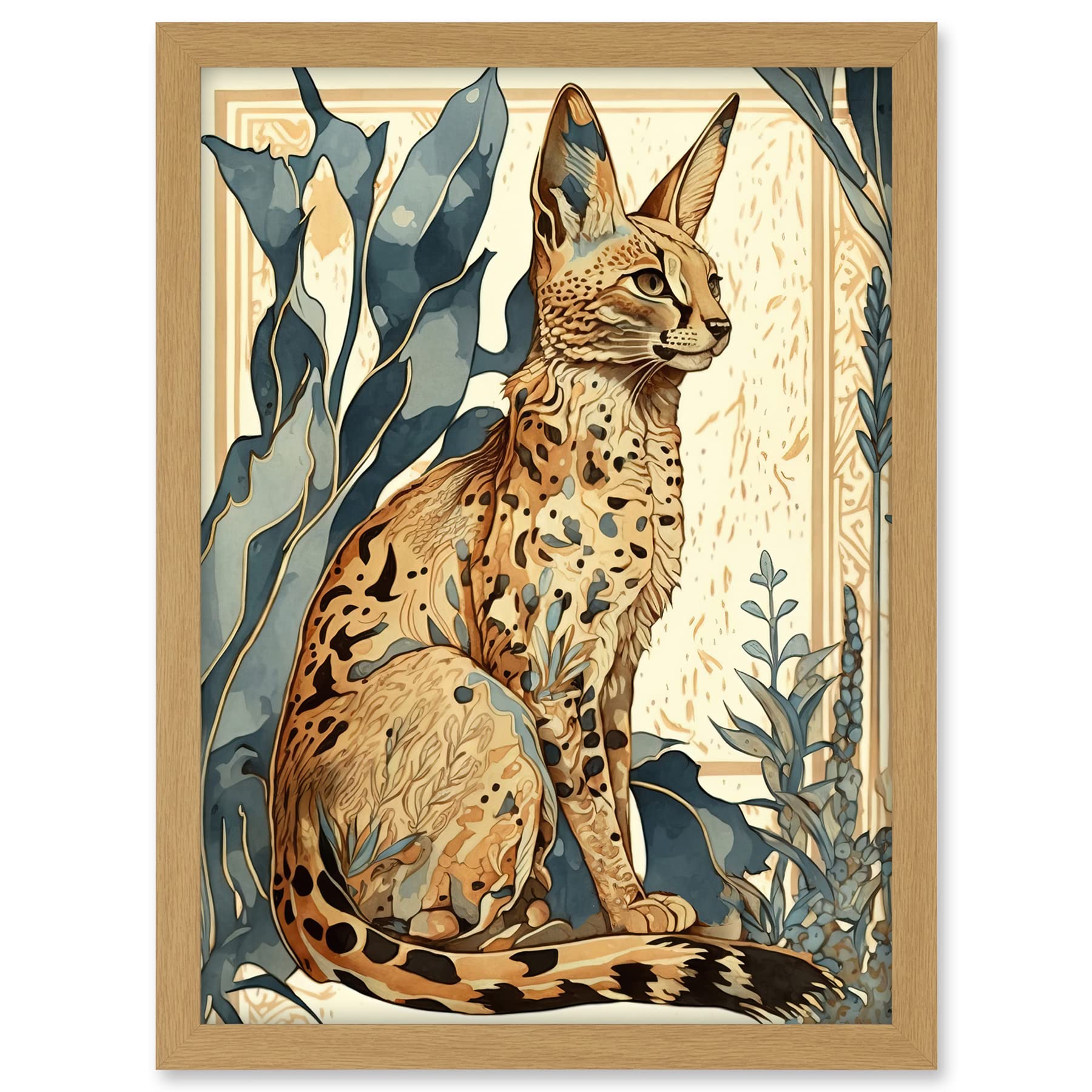 Artery8 Serval Cat with Teal Plants Watercolour Portrait Modern Illustration Artwork Framed A3 Wall Art Print
