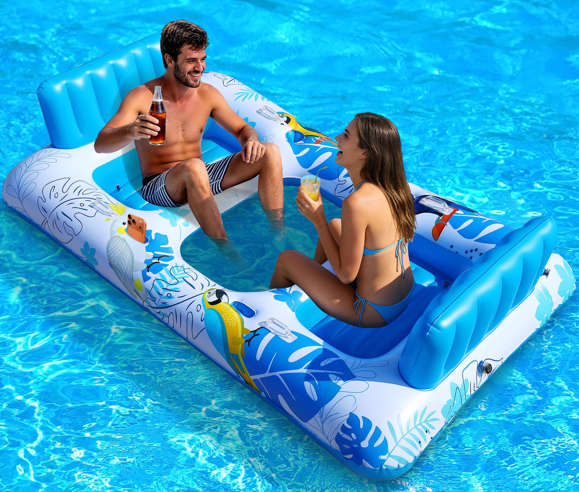 Luxfero Aufblasbare Luftmatratze Pool Erwachsene für 2 Personen, 220 x 110cm Große Pool Matratze, Luftmatratze Wasser mit Getränke & Handyhaltern, Verdickte Aufblasbarer Sonnenpool für den Garten
