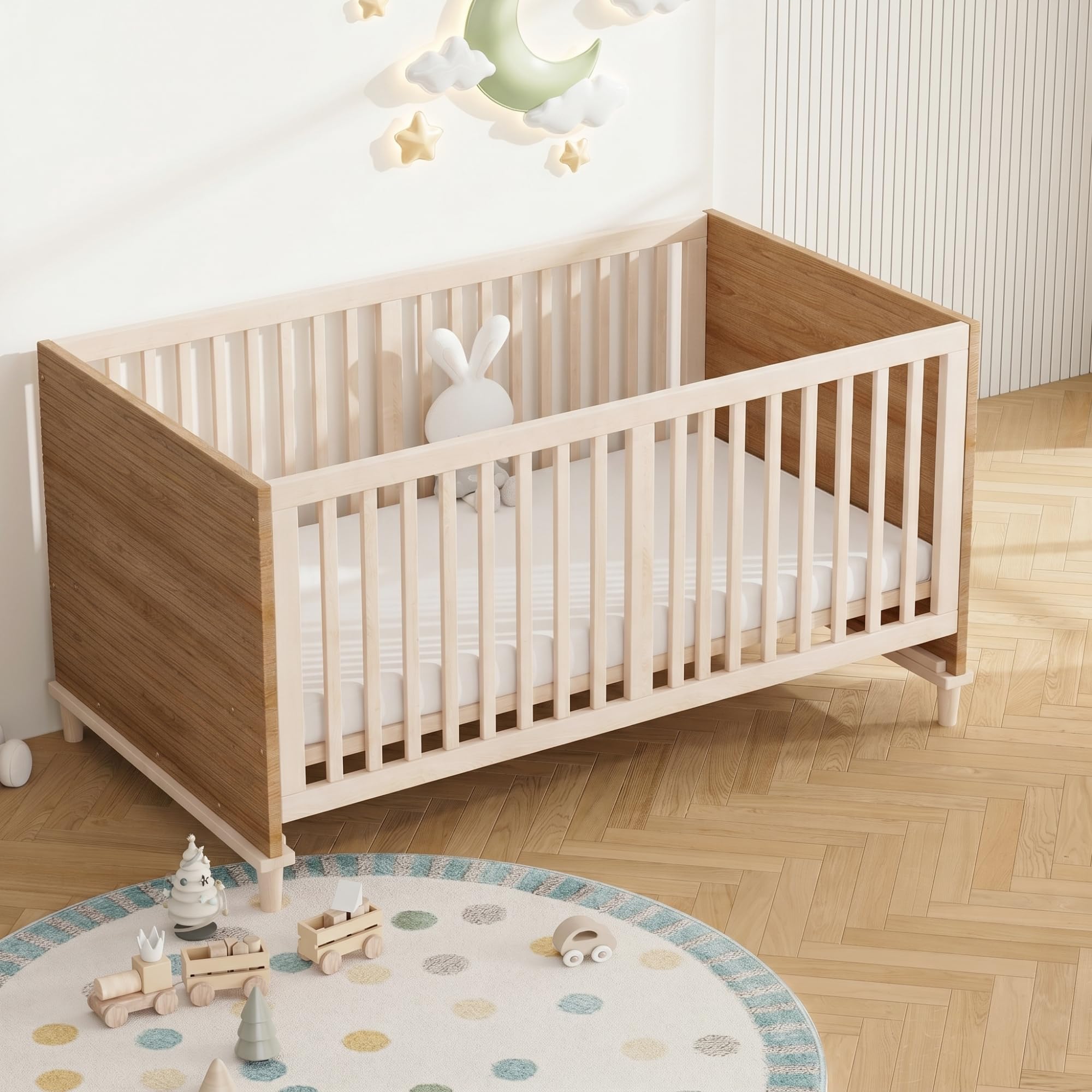 SUKY Gitterbett, 5-stufige Höhenverstellung, Babybett mit stabilen Stützbeinen, ohne Matratze, Naturholzfarbe, 70 x 140 x 87 cm, Natürlich