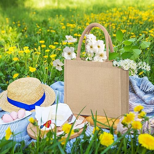 Miniatura 7 de Aodaer 12 bolsas de yute de arpillera reutilizables de lino con asas bolsas de regalo de dama de honor bolsa de compras para bodas playa viajes 122