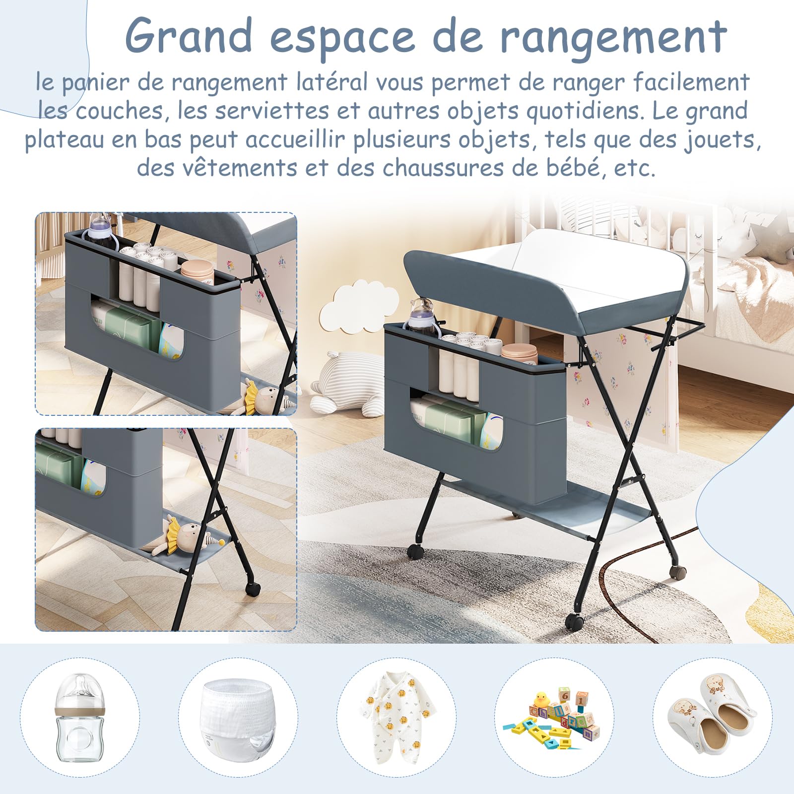 WOLTU Table à langer pliable et réglable en hauteur pour bébé, avec roulettes panier de rangement cadre métallique tissu Oxford, Gris