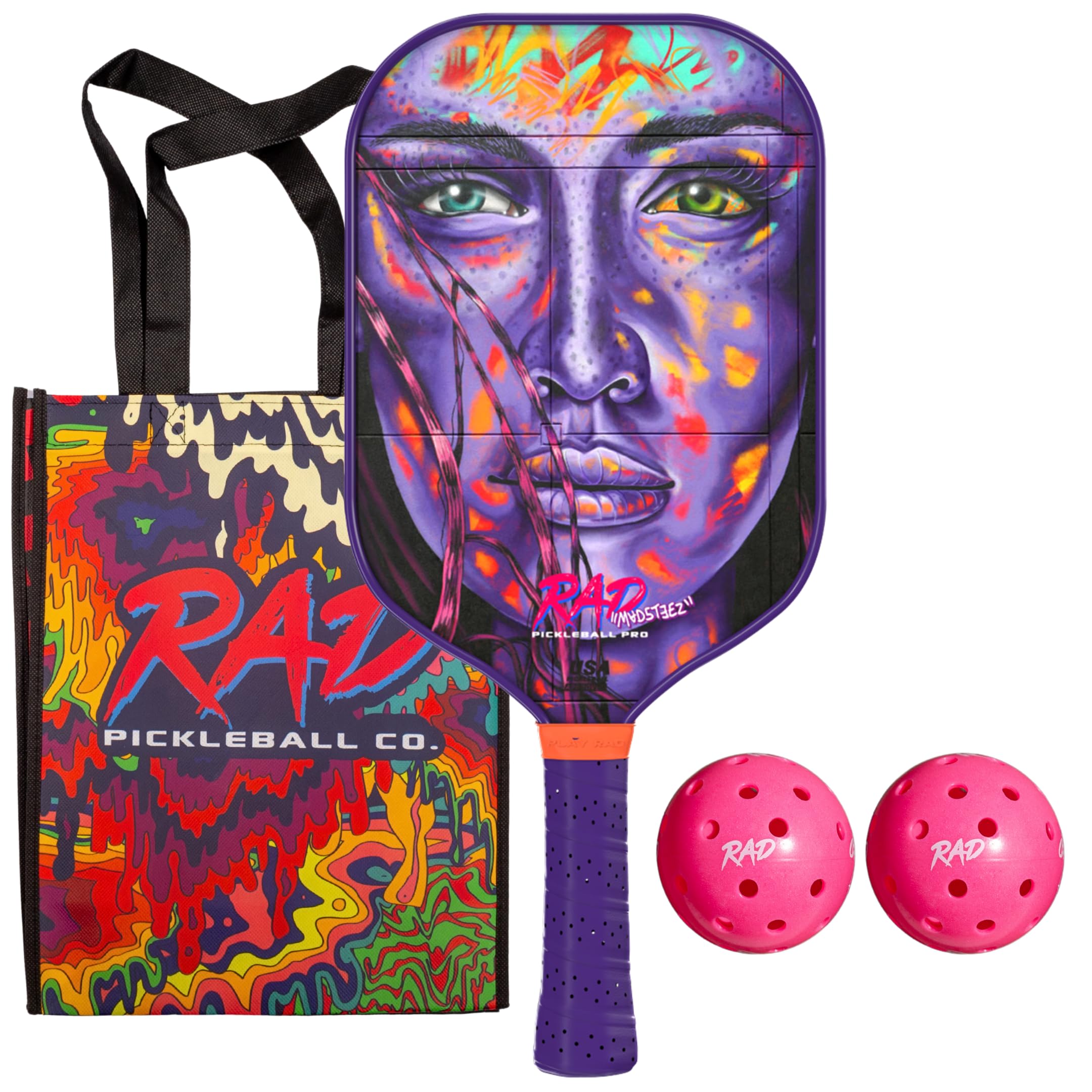 RAD Madsteez Face Pro Pickleball Paddle Set – USAPA Approved – T700 Carbon Fiber Surface & 16mm Full-Cell Polypropylene Honeycomb Core for Power & Control – Includes Outdoor Pickleballs & Tote Bag
