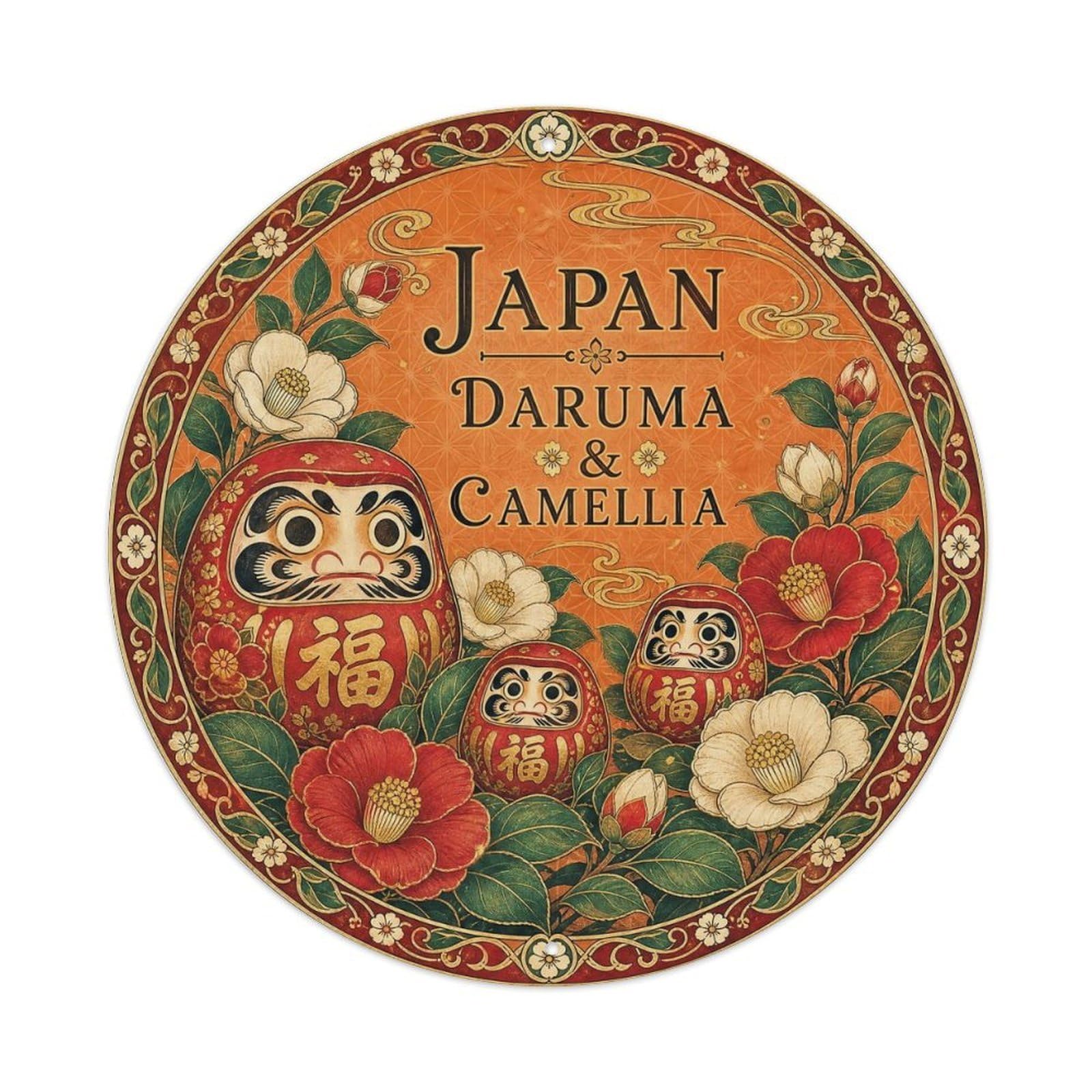 Olyhtr 8X8inch Classic Style Taisho Japan Daruma Camellia Ceramic Folk Pattern Metal Tin Sign