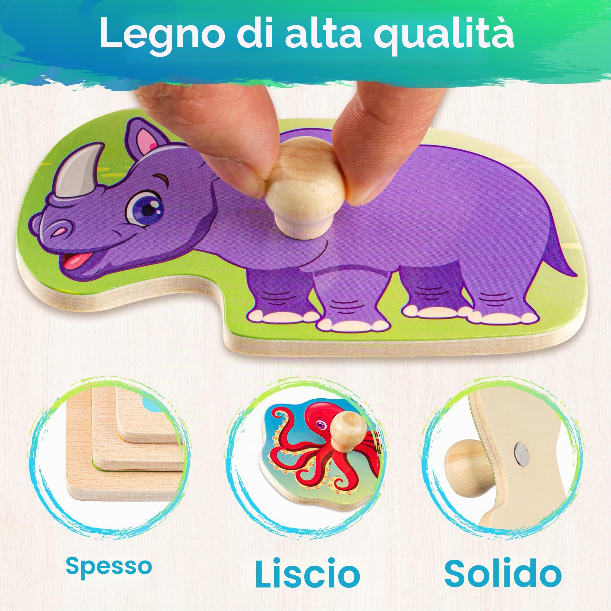 SYNARRY Puzzle in legno per Toddlers 1-3, 6 puzzle Animals per Toddlers