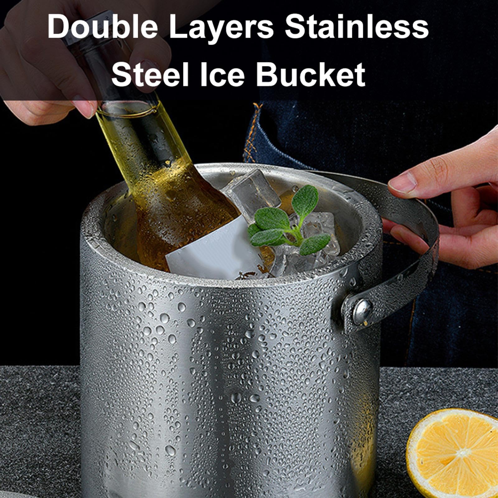 TopHomer 3 Sizes Optional Insulated Metal Double Wall Ice Bucket with Lid, Ice Tongs and Strainer Stainless Steel for Champagne Cocktail Bar Home Parties Accessories(Small-1.6L/0.42Gal)