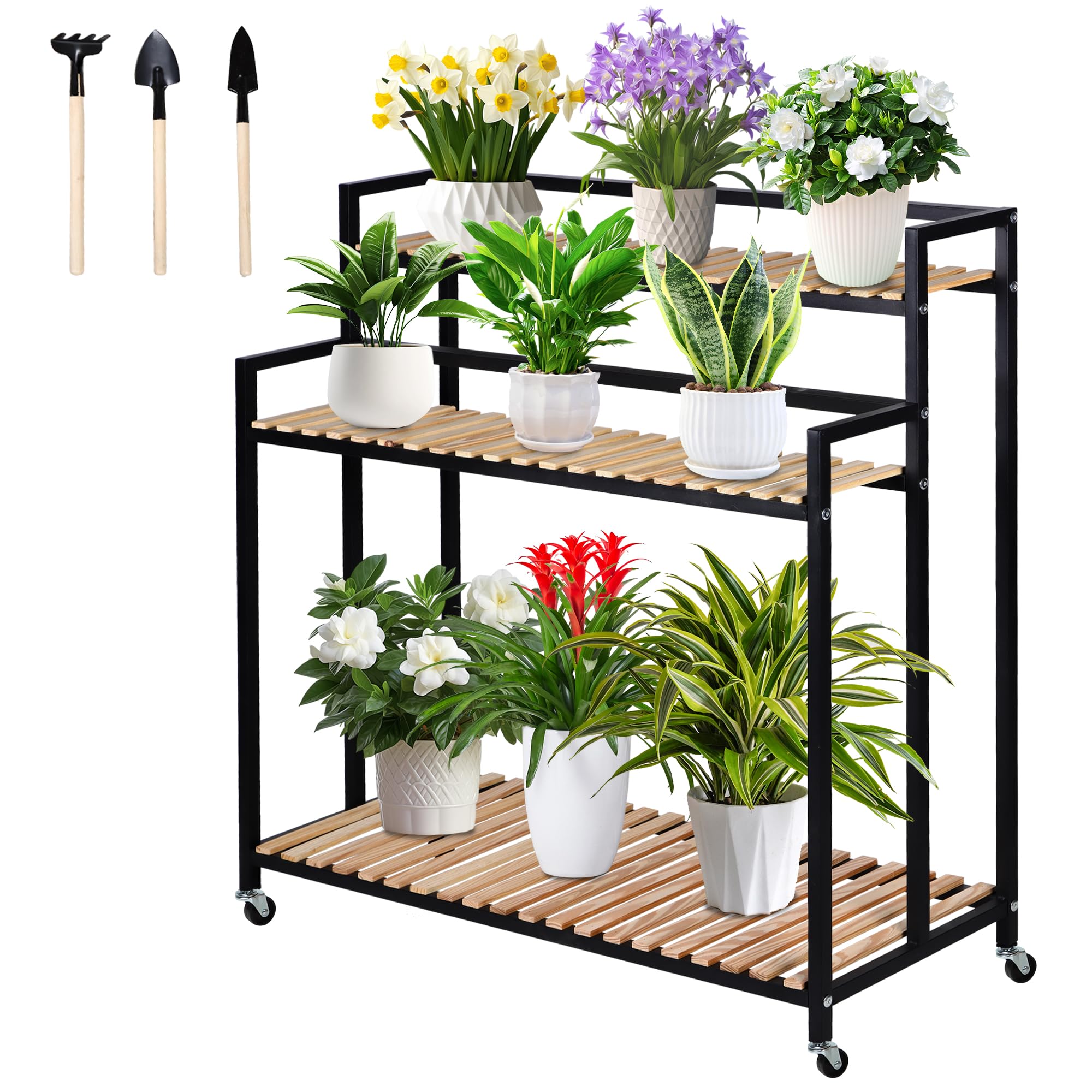 SERdeerCH 3-Tier Plant Shelf Modern Rolling Plant Stand with Rustic Wood and Iron Frame. for indoor/outdoor use in Living Spaces or Patio.Space spare,