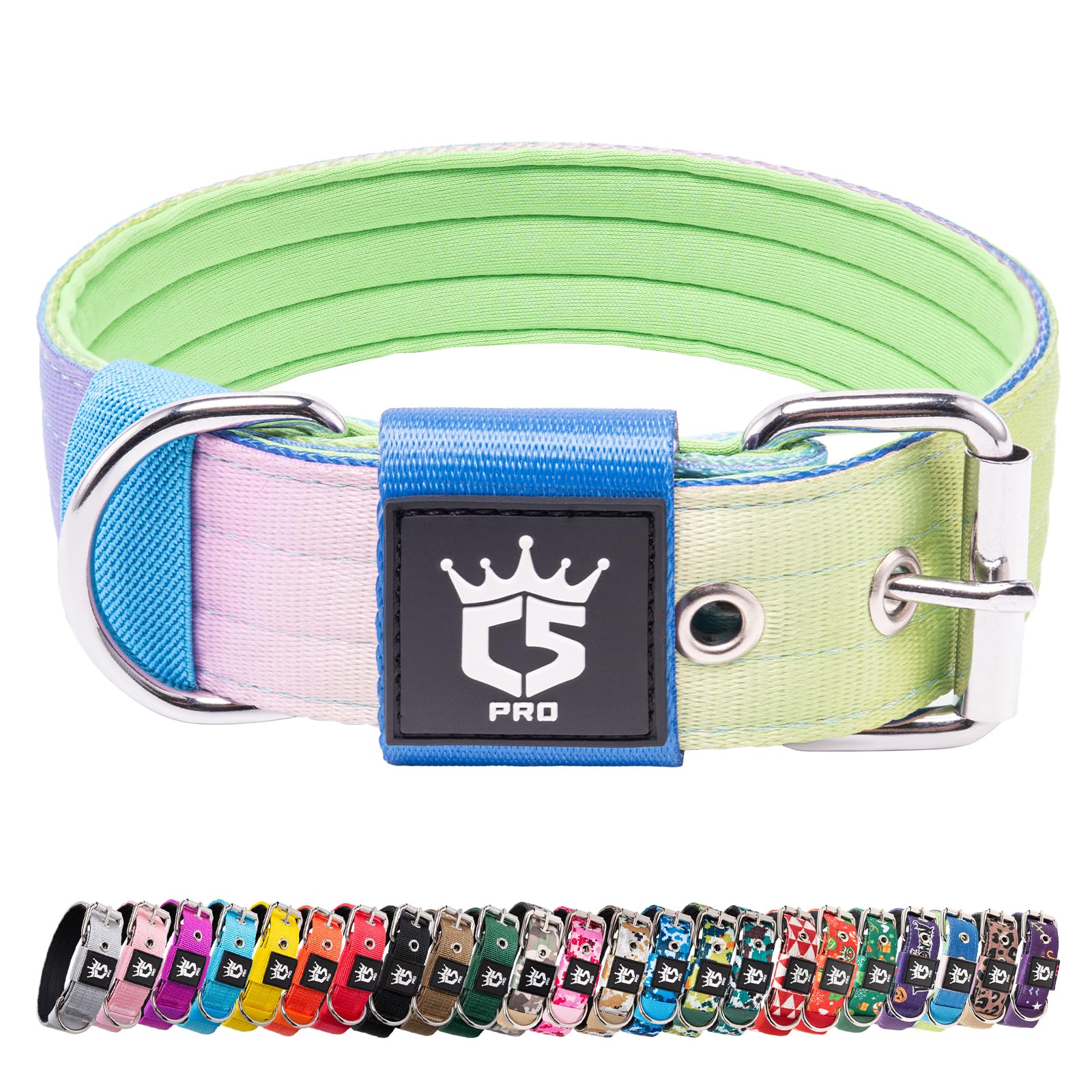 TSPRO Tactical Dog Collar 1.5 Inch Wide Thick Dog Collars with Heavy Duty Metal Buckle, Durable, Strong, Adjustable for Medium to Large Dogs (Rainbow