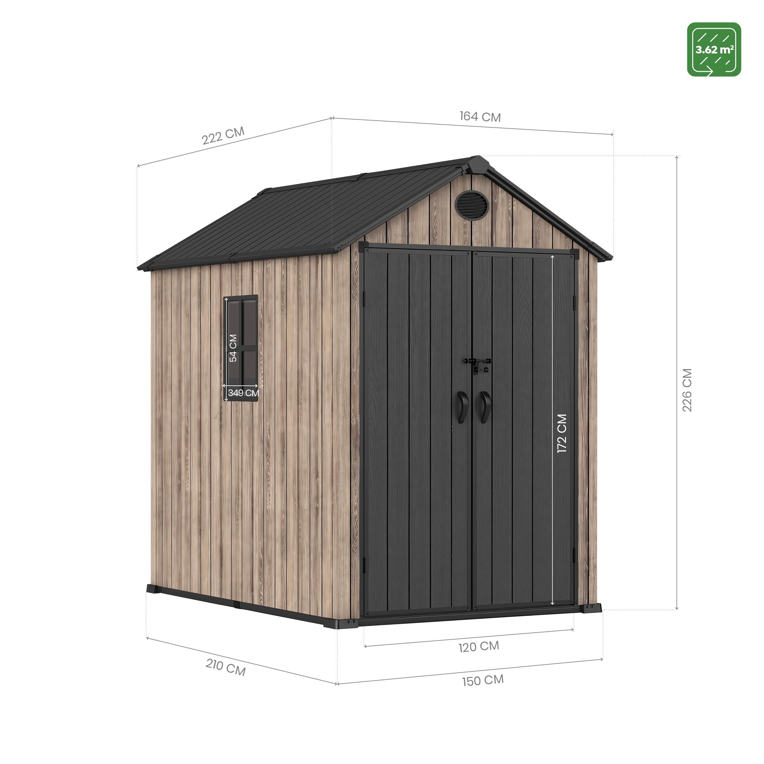 Hoggar – Caseta de Resina Jardín 3,62m2 Oak O40 - Suelo Incluido – Ventana Lateral – Efecto Madera Premium - Doble Puerta Amplia – Protección UV e Impermeable – Cierre con Pasador – Respiraderos