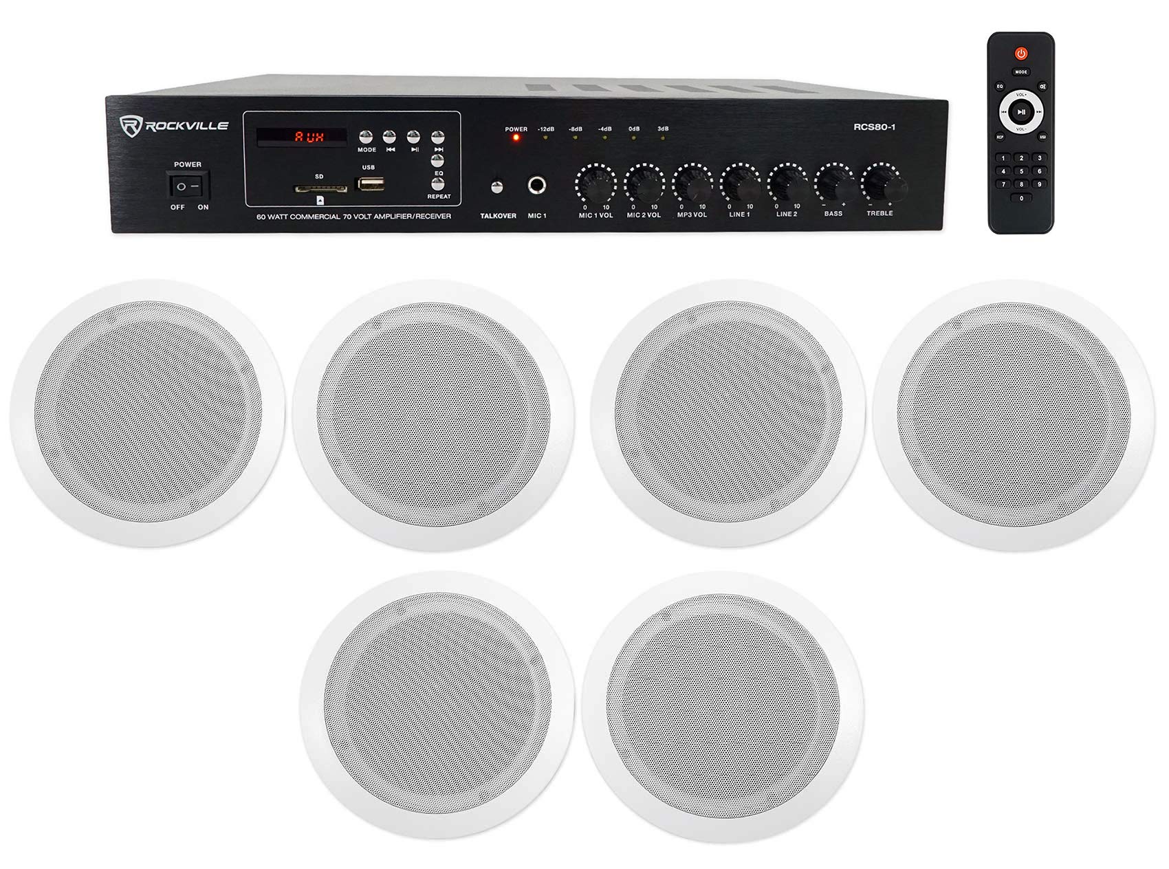 1-Zone Home Audio Receiver+(6) White Ceiling Speakers for Bedroom/Living Room