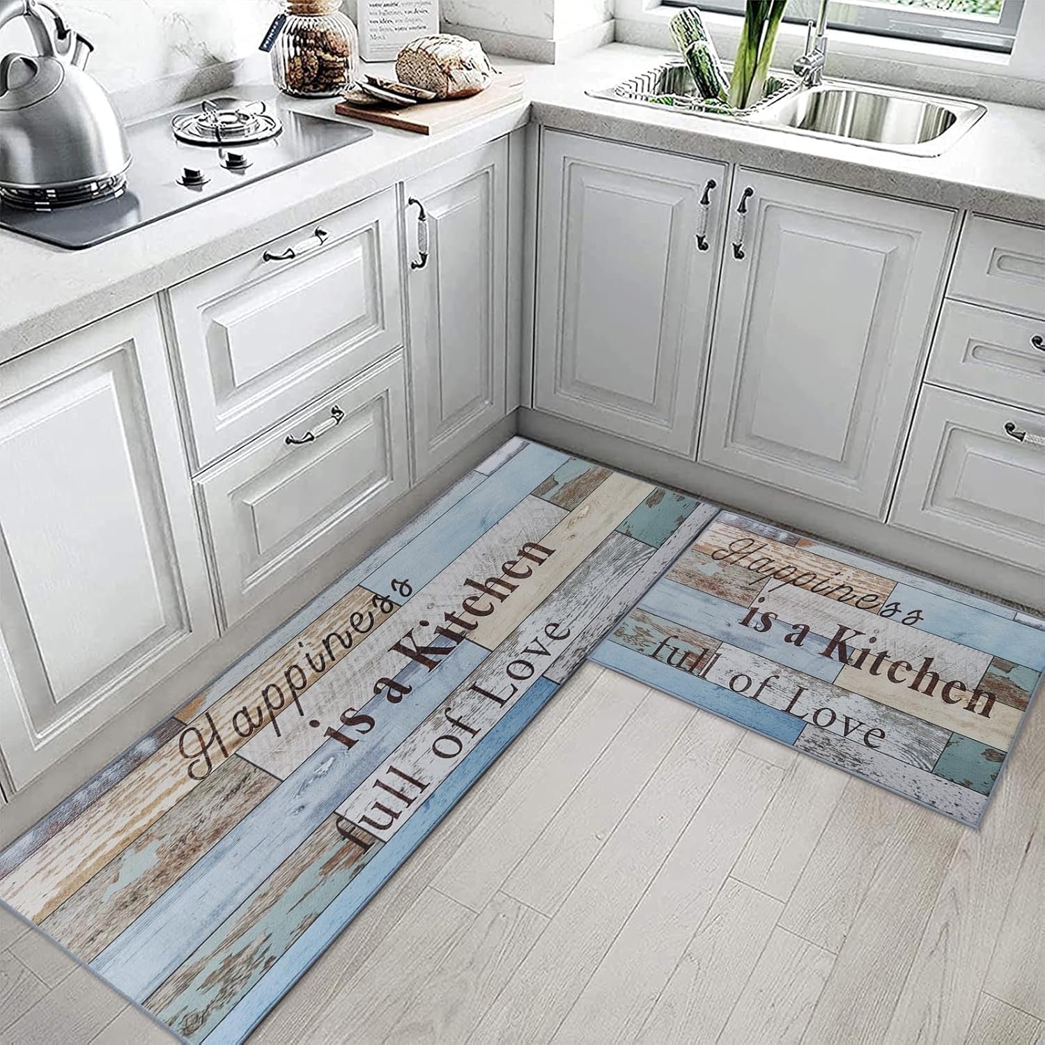 ArtSocket Farmhouse Quotes Kitchen Rugs and Mats Non Skid Washable Set of 2, Blue Teal Brown Wood Runner Rug, Vintage Rustic Kitchen Floor Mat Under Sink Mat Throw Rug for Doormat