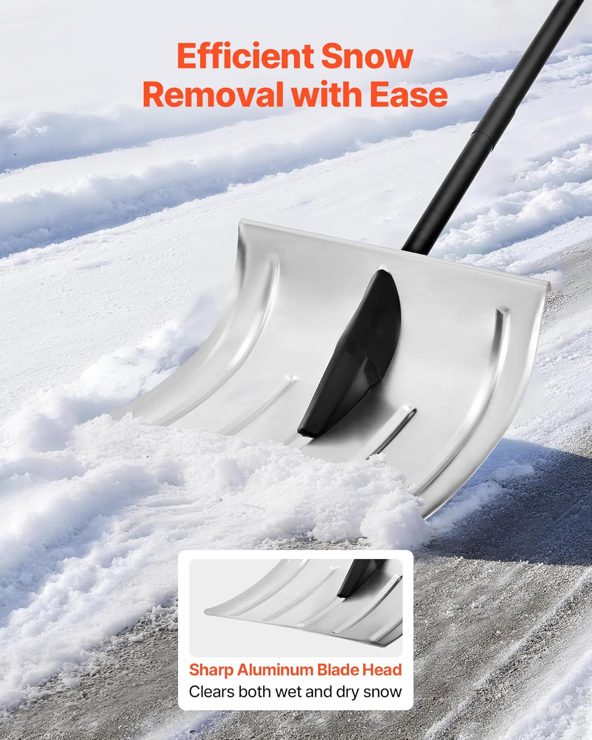 vevor snow shovel for driveway, 16 in wide aluminum alloy snow shovel, non slip grip, large capacity snowplow shovels, detachable & lightweight snows removal tool for garden car camping outdoors silver shovel blade & black handle 16 inch