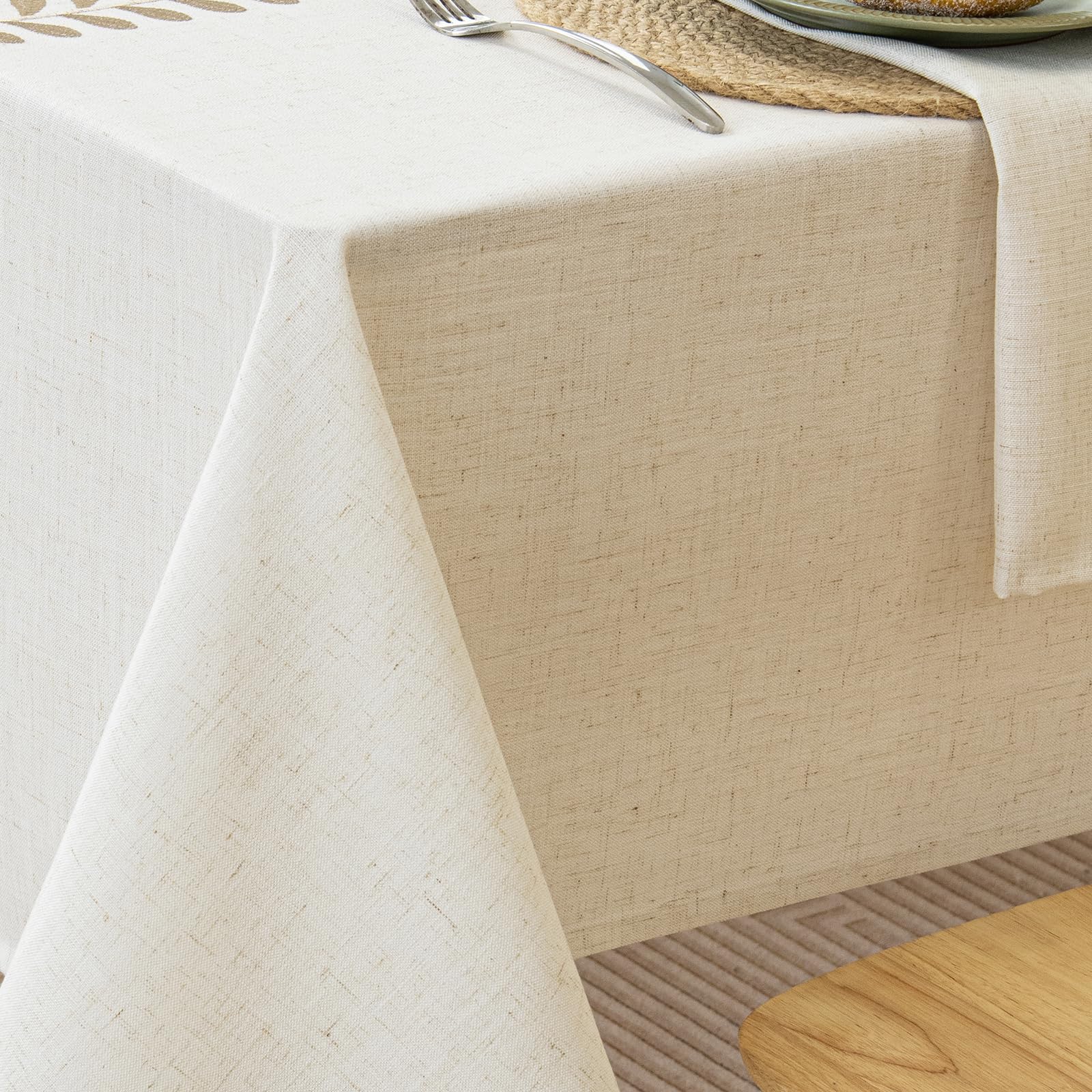 Joyfol Day Mantel rústico de Tela de Lino Impermeable, Mantel de arpillera Pesado para mesas rectangulares, Fundas de Mesa Lavables con Hojas Bordadas para Cocina y Comedor (café, 55 x 120 Pulgadas)