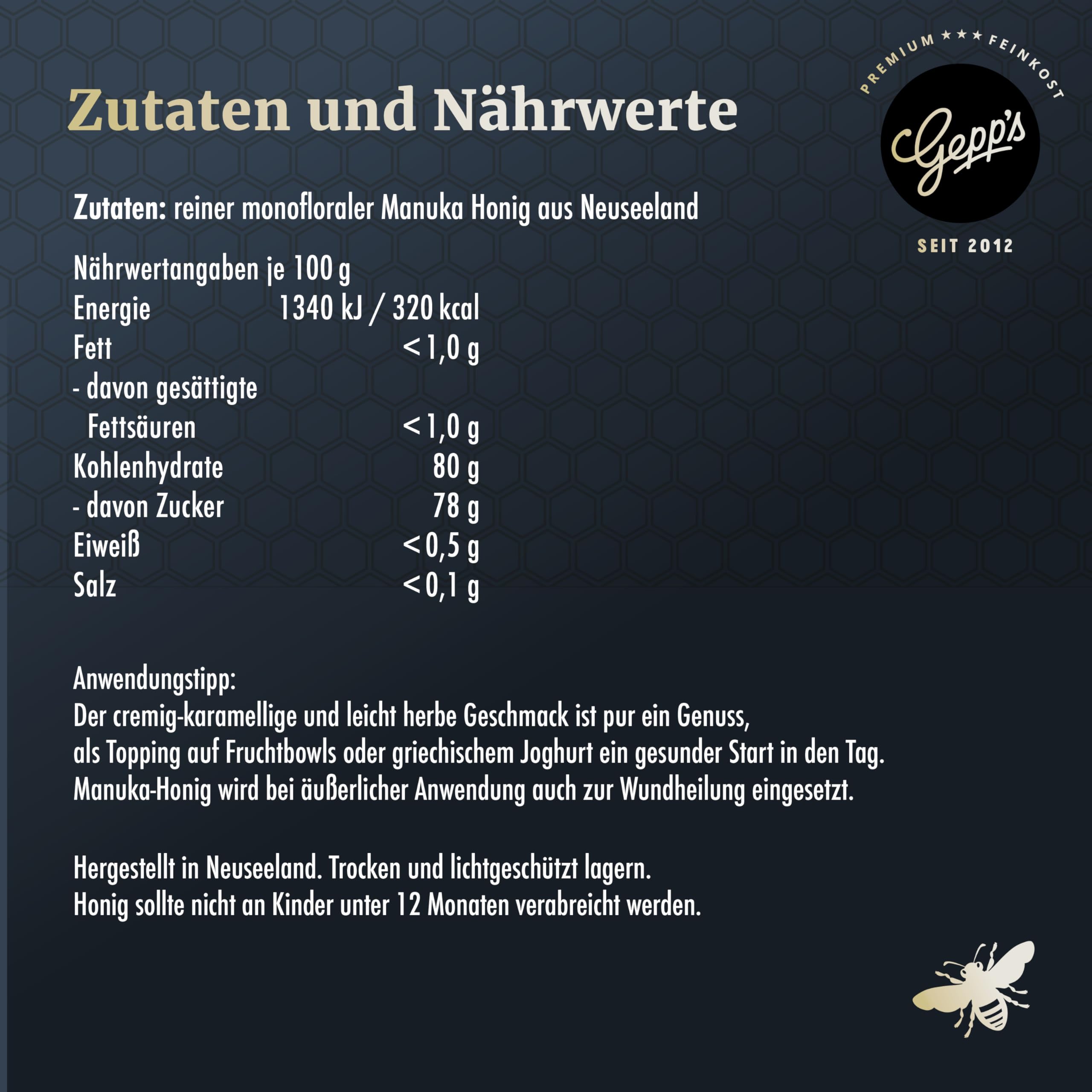 Gepp's Feinkost Manuka Honig 500 g, hohe Reinheit von 514+ MGO I Manuka-Honig aus Taranaki, Neuseeland I Superfood Manuka, cremig & aromatisch I Preisgekrönter & IfV-zertifiziert