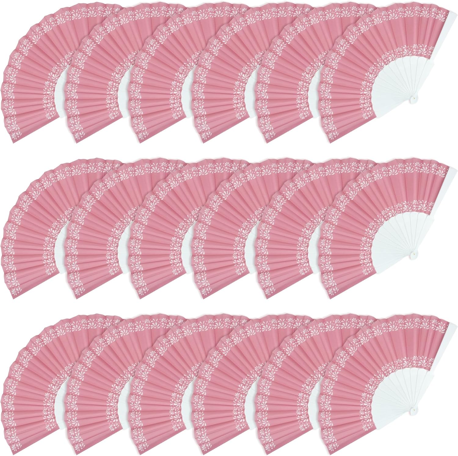 24 Pack Mexican Fiesta Folding Fans De Barro Hand Fans with White Floral Waterproof Nylon Fabric Terracotta Foldable Hand Fan for Cielito Lindo Party Decoration Wedding Birthday Party Favors (Pink)