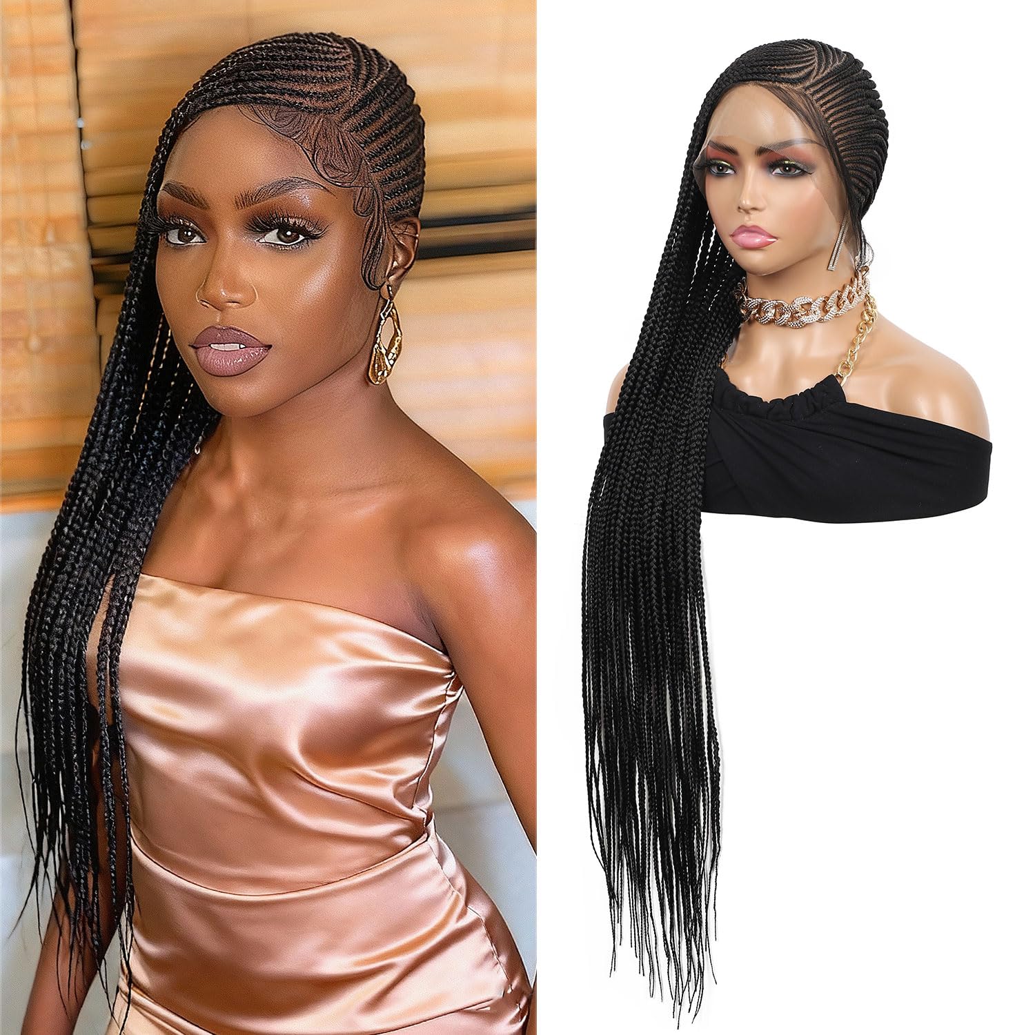 Kalyss Cornrow Braided Wigs for Black Women Cornrow Box Braid Wig Lemonade Full Lace Braided Wig with Baby Hair Natural Black Braided Wigs for Daily Wear, 36 in