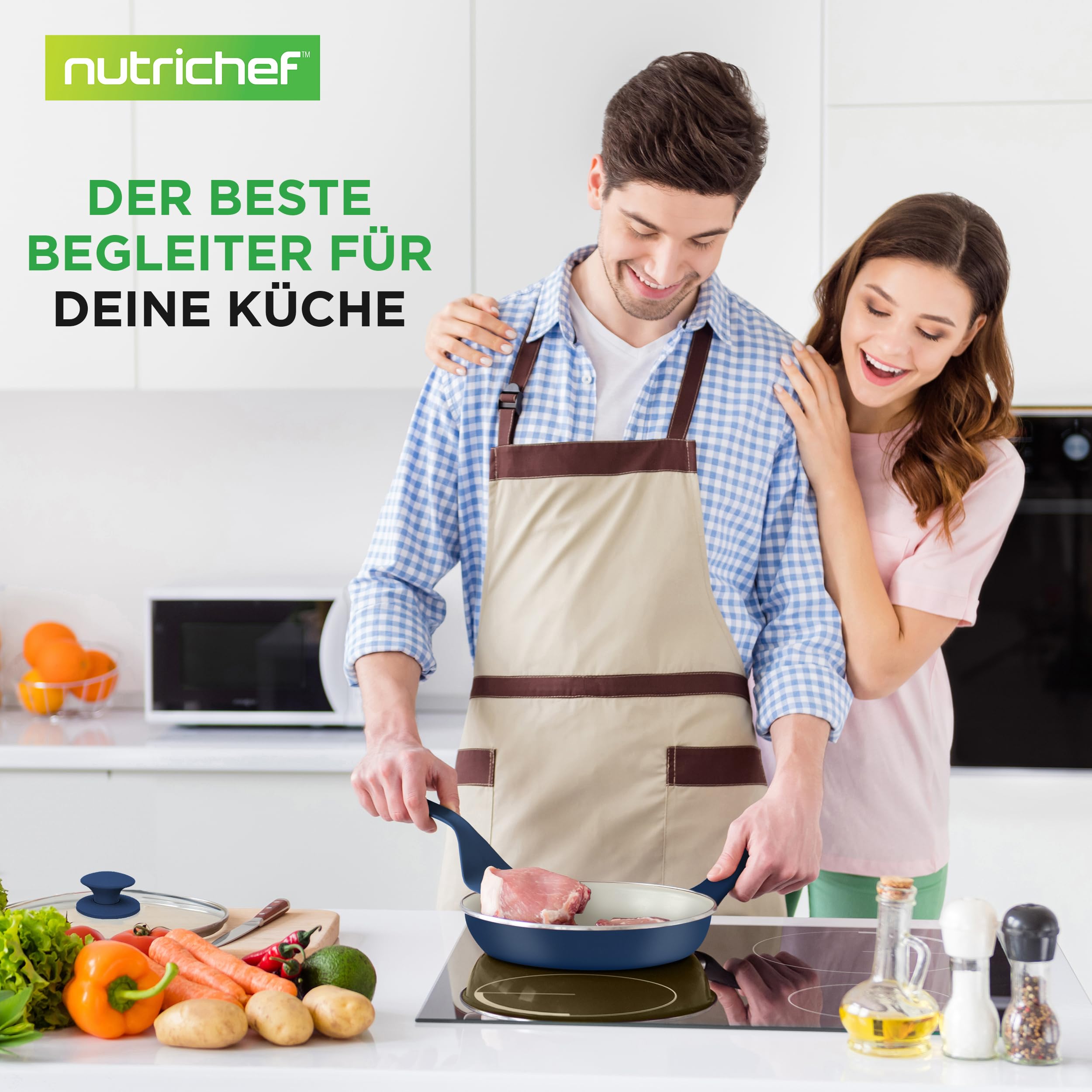 NutriChef Kochgeschirr Set 54-tlg – Pfannen, Töpfe, Küchenhelfer Blau– Mit Messer, Backformen, Zubehör – Für Induktion, Gas und Elektro – Gesund und fettarm kochen
