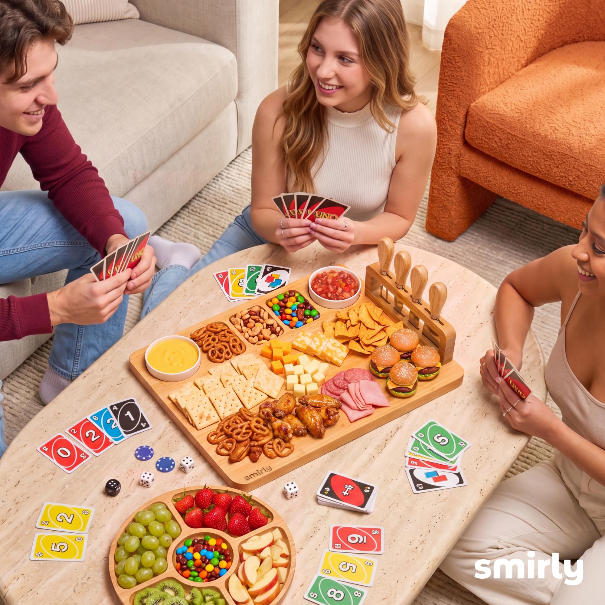 SMIRLY Tabla De Quesos Y Juego De Cuchillos: Tabla De Charcutería, Tabla De Quesos, Tabla De Quesos De Bambú Con Cubiertos, Bandeja De Quesos, Tabla De Quesos De Madera