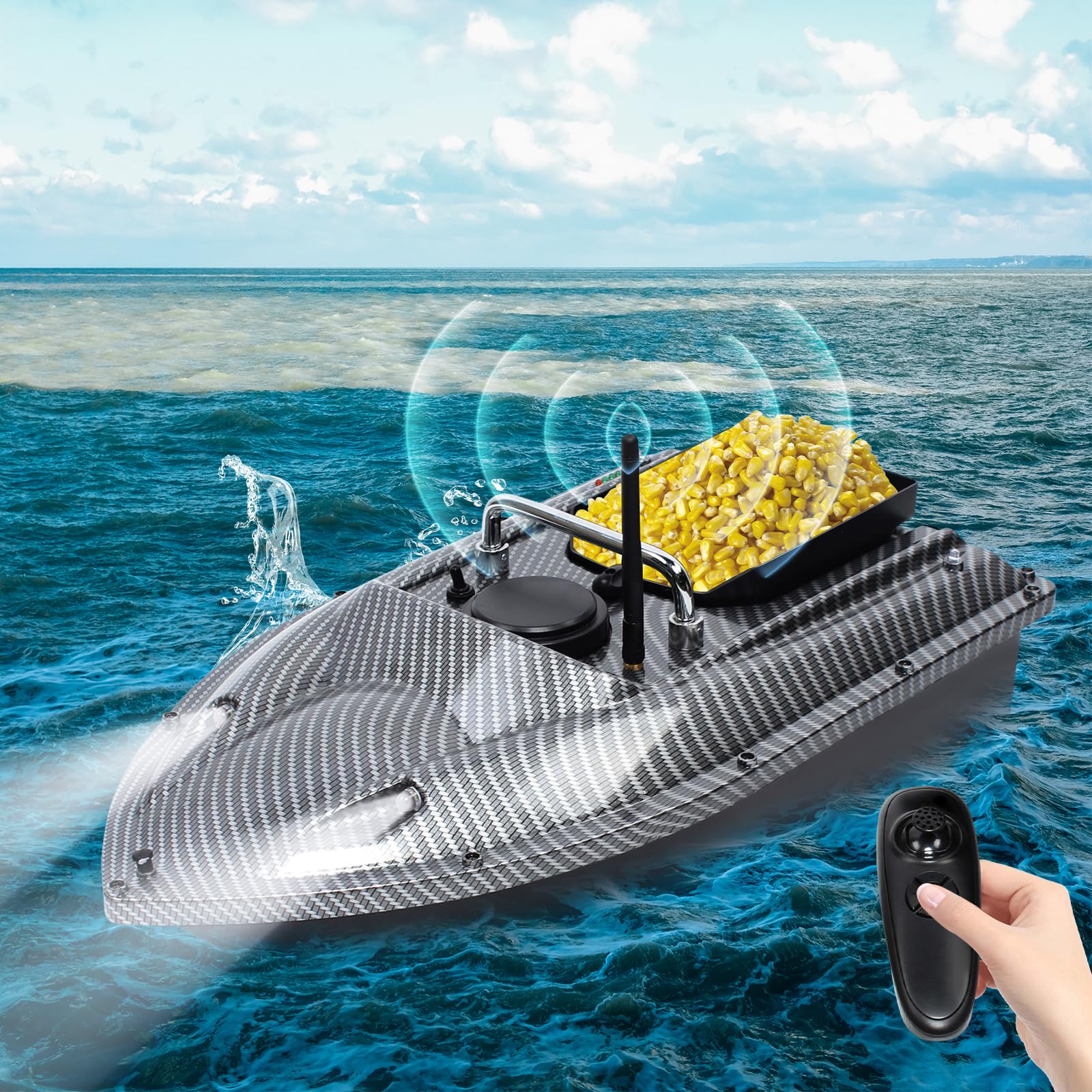 500M Bateau Amorceur, 1.5KG Chargement, télécommandé Bateau d'appât sans Fil Pêche Bateau d'amorce Double Moteurs (Noir)