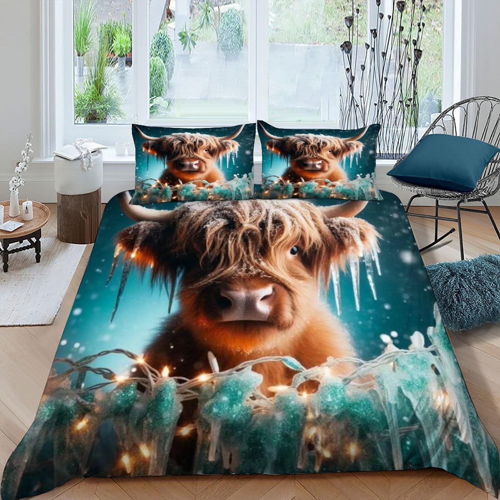 Housse de couette Highland Cow 220x240 cm parure de lit animaux en microfibre avec taies d'oreiller