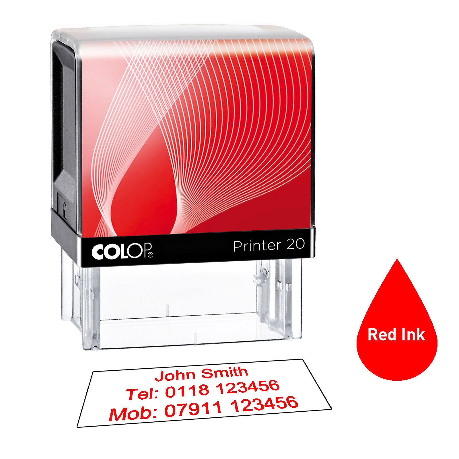 Colop P20 38 x 14mm Personalised Custom Made Self-Inking Business Rubber Stamp with Red Ink and 3 Lines of Text