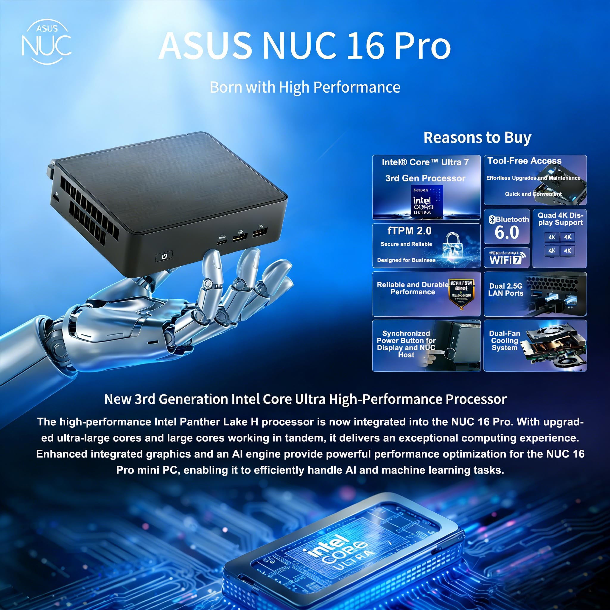 NUC 16 Pro Mini PC NUC16GDKU7, processore Intel Core Ultra 7 356H, Wi-Fi 7, Bluetooth 6.0, Dual 2.5G LAN, Thunderbolt 4, nero, 144 mm x 117 mm x 42 mm (16 GB RAM + 512 GB SSD)