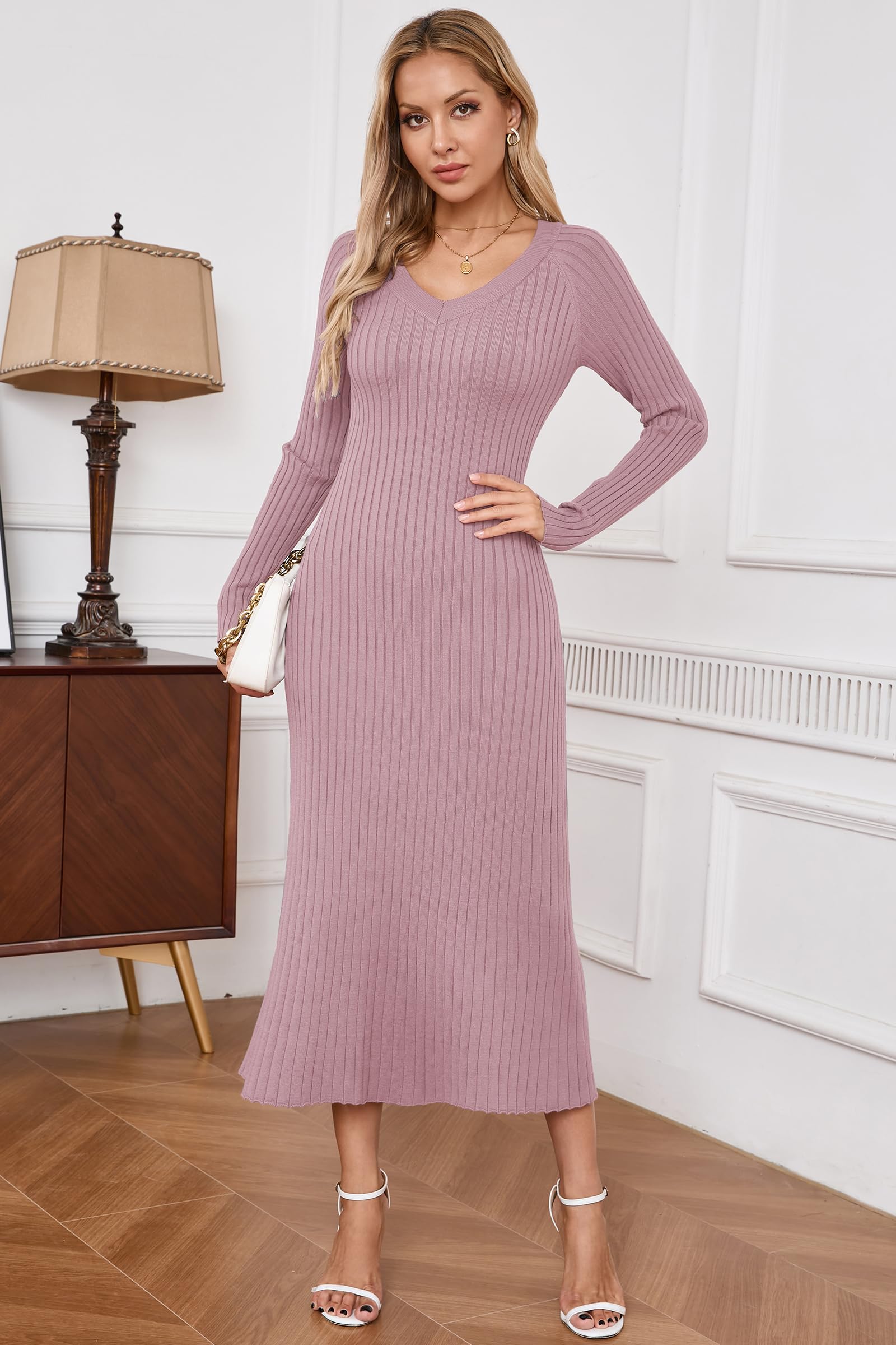 Arach&Cloz Strickkleid Damen V Ausschnitt Herbst Winterkleid Lang Pulloverkleid Bodycon Fishtail Maxi Kleid Elegant