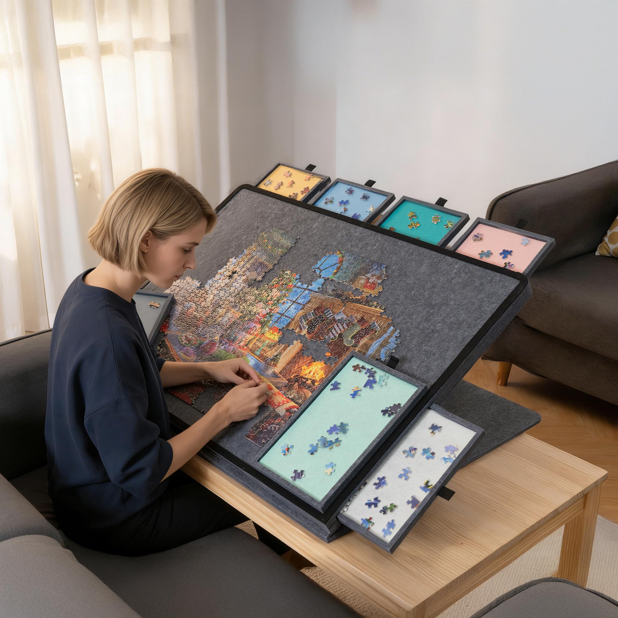 Kippbares Puzzlebrett mit 2-in-1-Ständer und Abdeckung, Leichter Filz-Aufbewahrungskoffer mit 8 Schubladen für Erwachsene, tragbarer Puzzletisch für Spiele mit bis zu 1500 Teilen