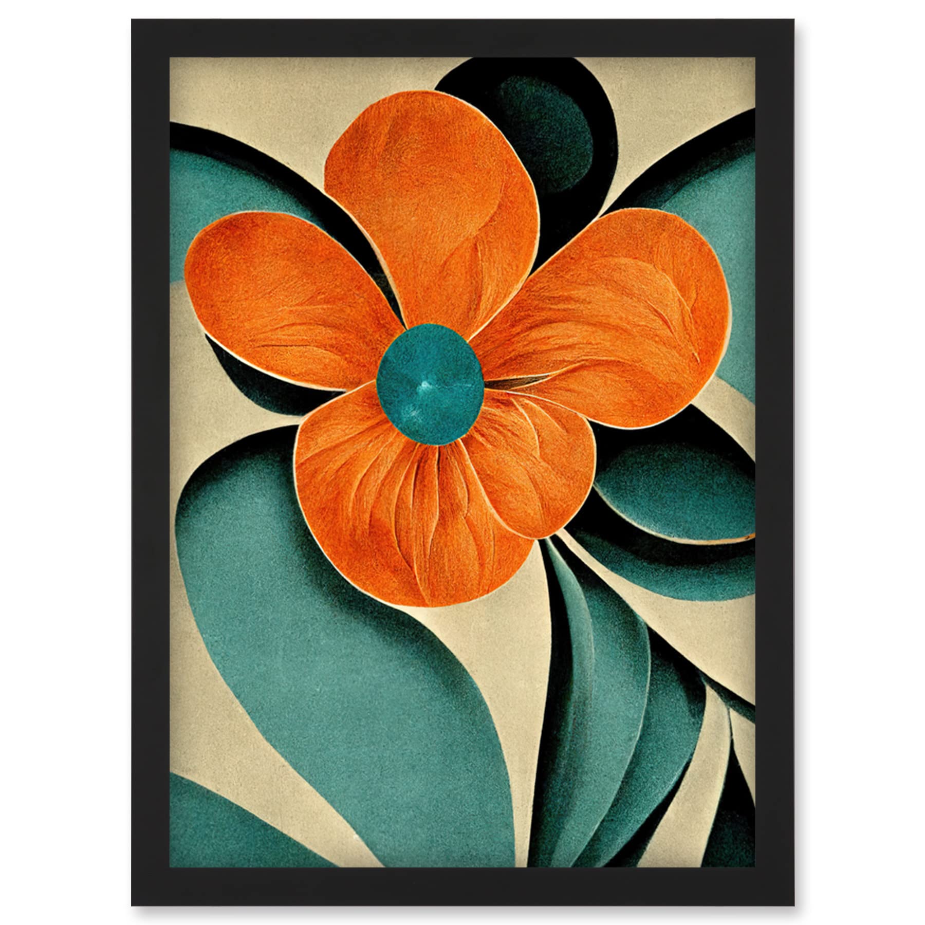 Artery8 Bold Art Deco Flowers Teal Orange Cream Poppy Wall Art PrintA4 Size from B&Q