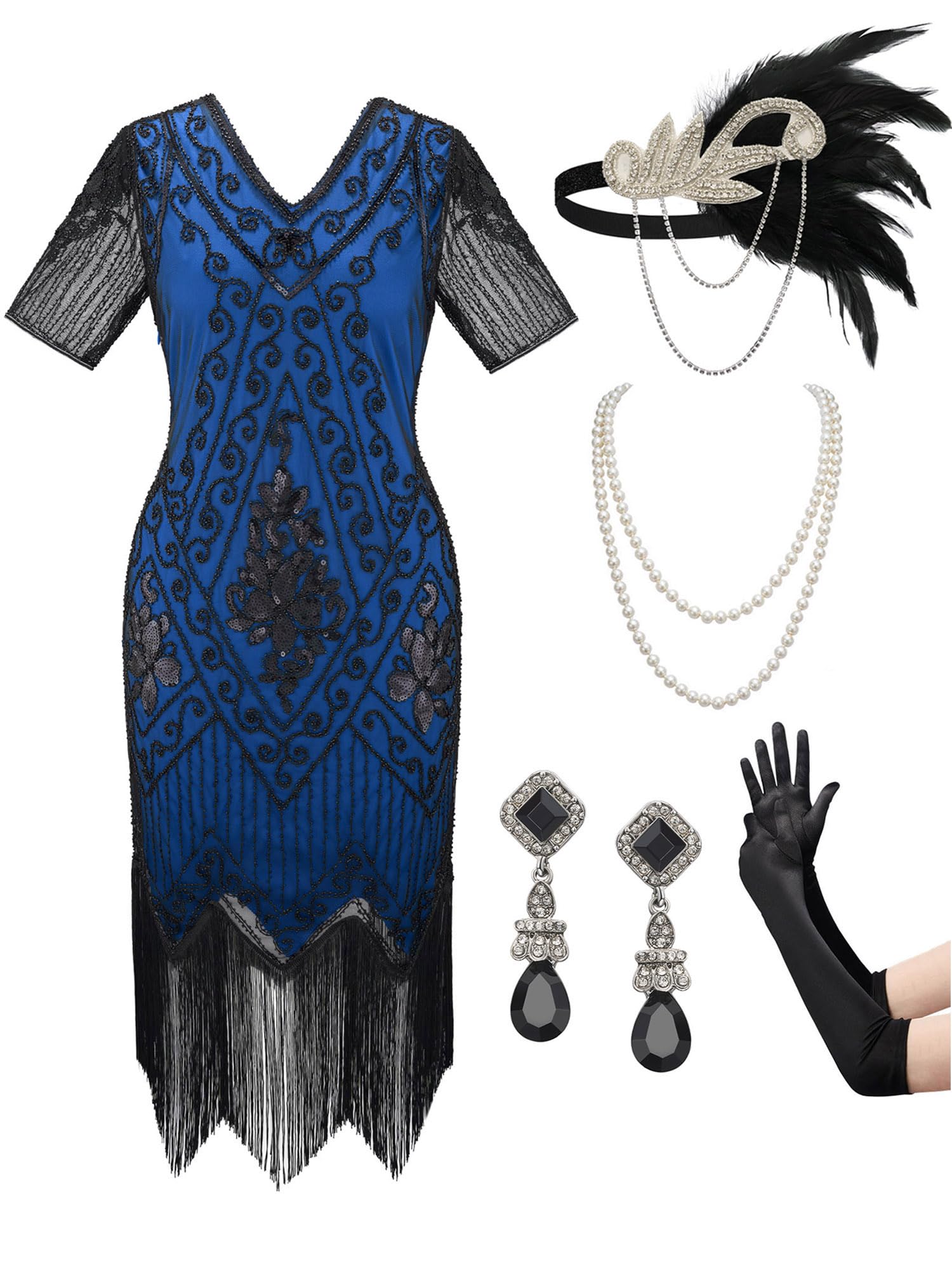 SWEETV Women's Flapper Dresses 1920s Fringed Sequin Great Gatsby Dress with 20s Accessories -Roaring 20s Costumes