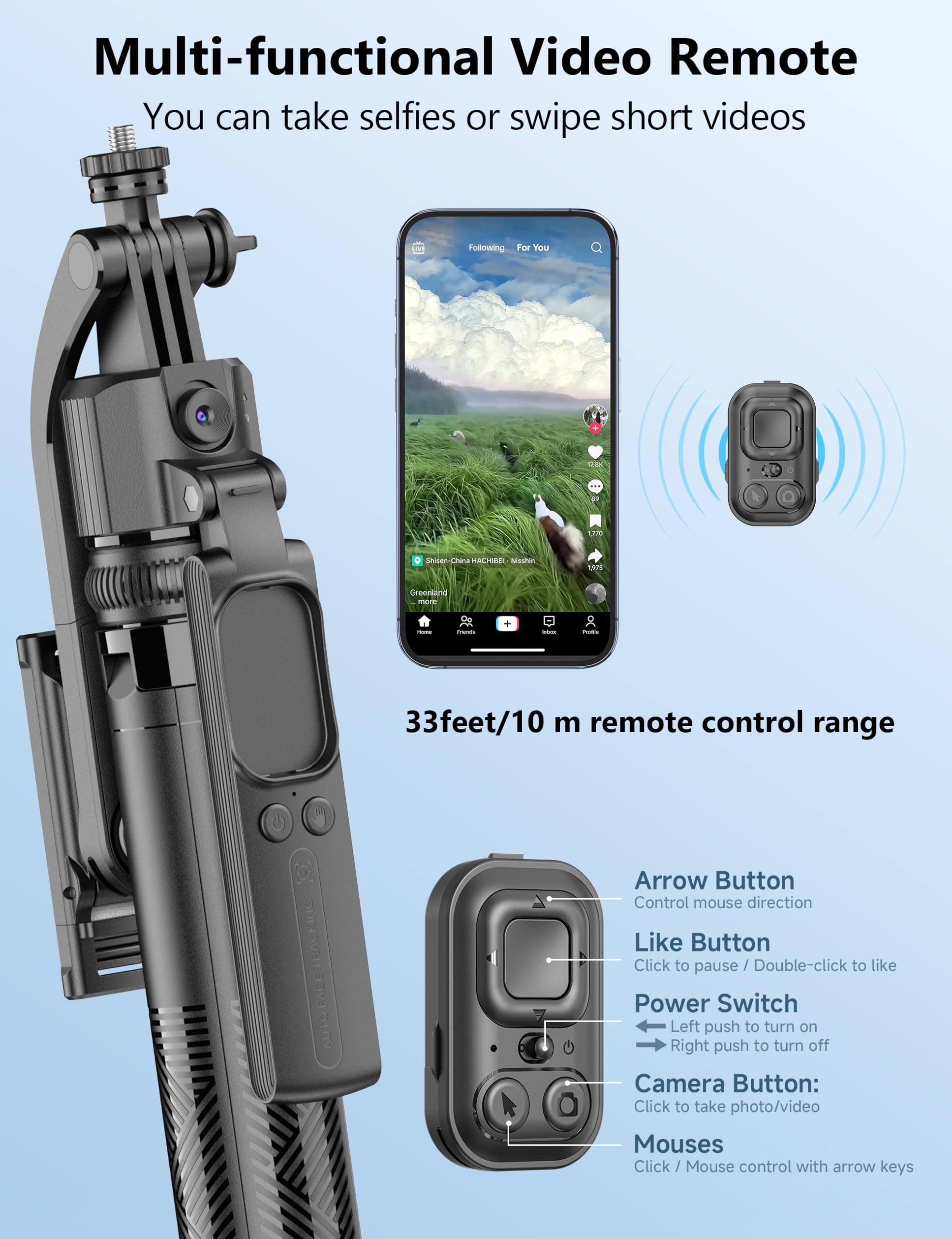 163cm Palo Selfie Tripode para Movil, Trípode de Seguimiento Facial automático, 360 Flexible Rotacion Grados con Inalámbrico Control Remoto Selfie Stick Soporte Compatible con iPhone/Android/Cámara