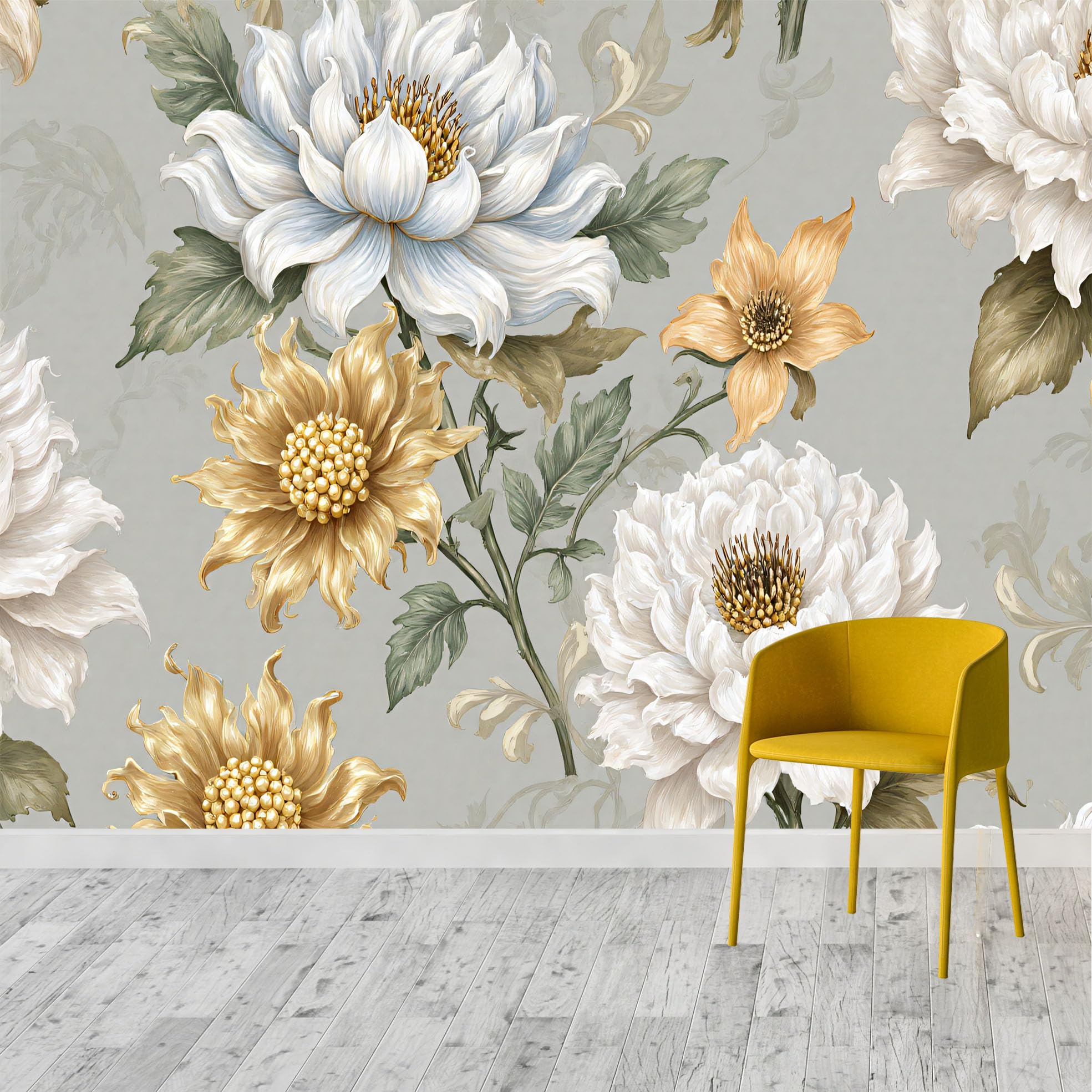 Floral Pattern with White & Golden-Yellow Flowers Wall Murals, Self-Adhesive Wall Fabric (NO PVC), Removable Wallpaper, for Living Room, Bedroom, Office -Custom Size