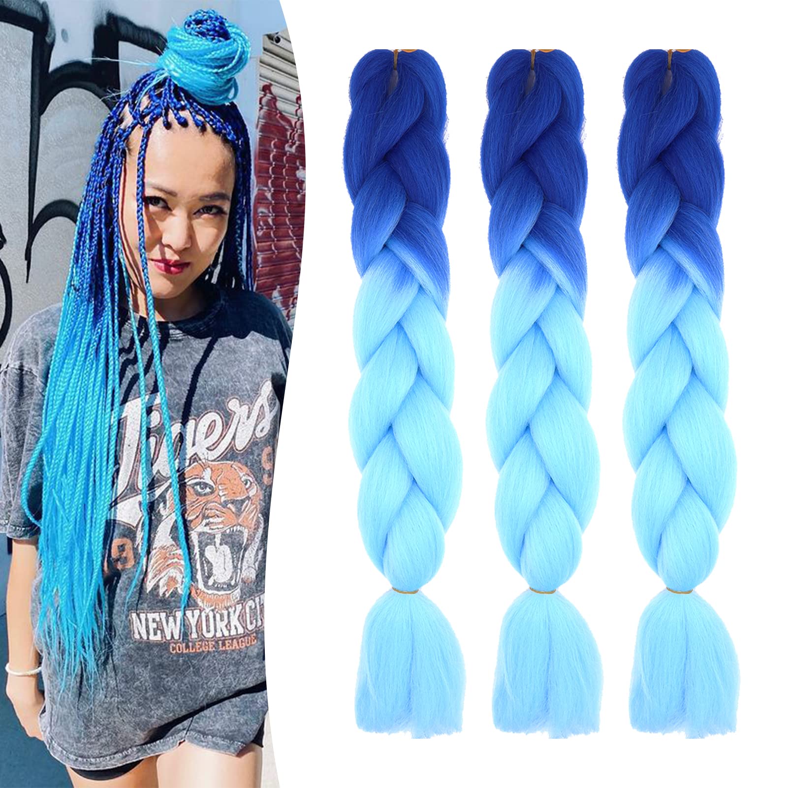 24" 60cm Extensiones de Pelo Sintético para Trenzas Africanas 3PCS Ombre Jumbo Braiding Crochet Twist Kanekalon Extensiones de Trenzado de Cabello 300g Postizas (Zafiro&Cielo azul)